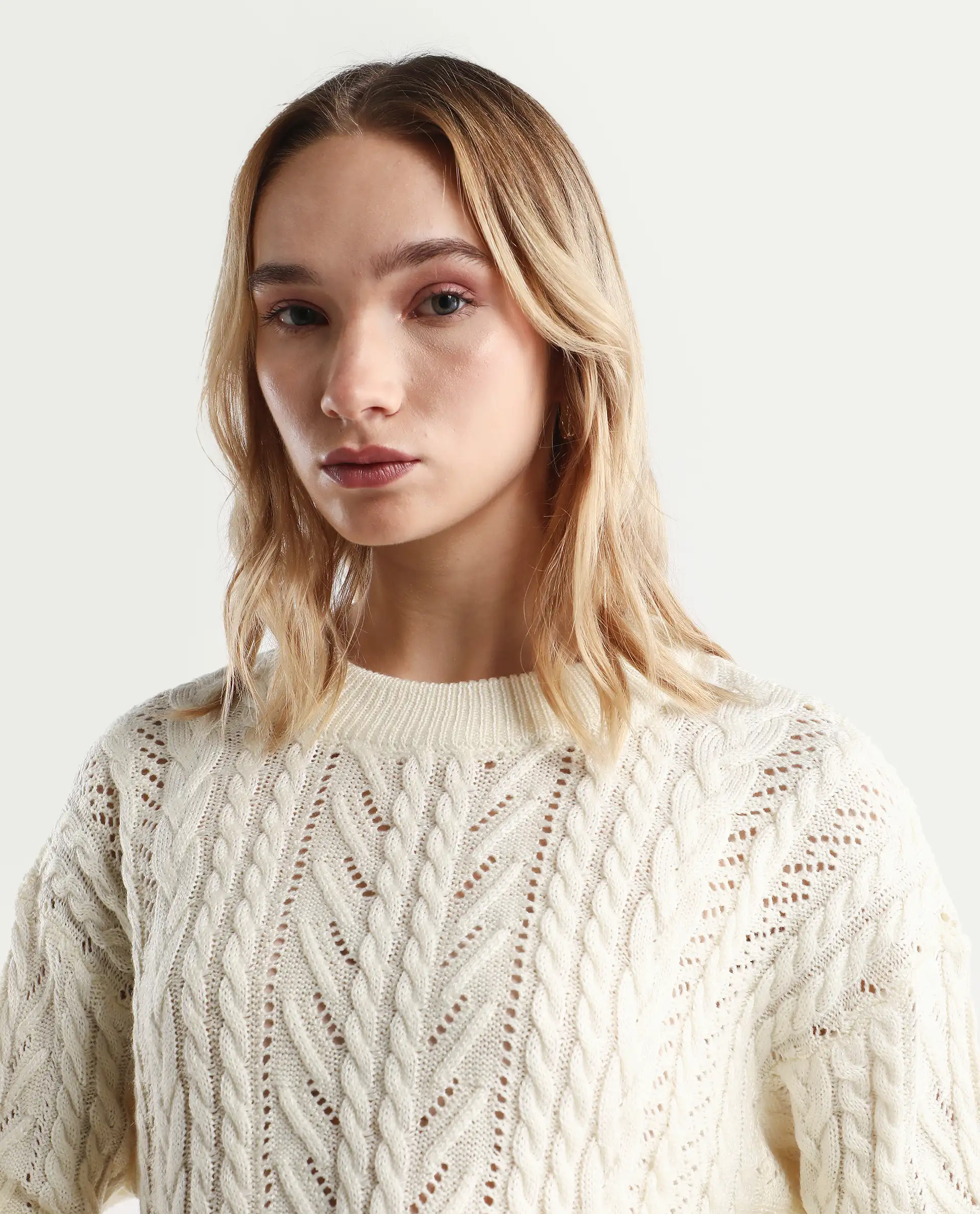 Rareism Women's Kaya Off White Acrylic Crew Neck Plain Regular Fit Sweater - Image 4