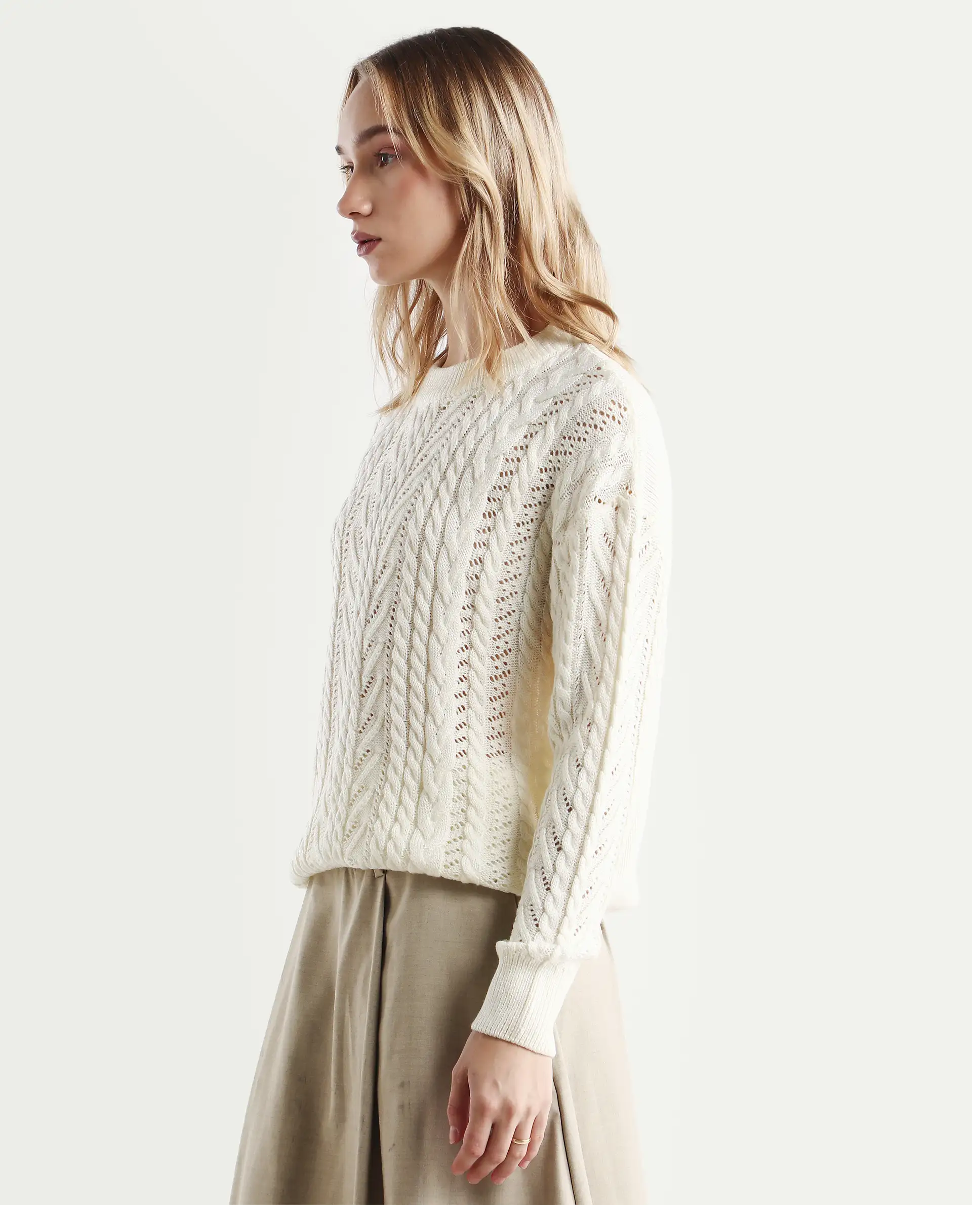 Rareism Women's Kaya Off White Acrylic Crew Neck Plain Regular Fit Sweater - Image 5