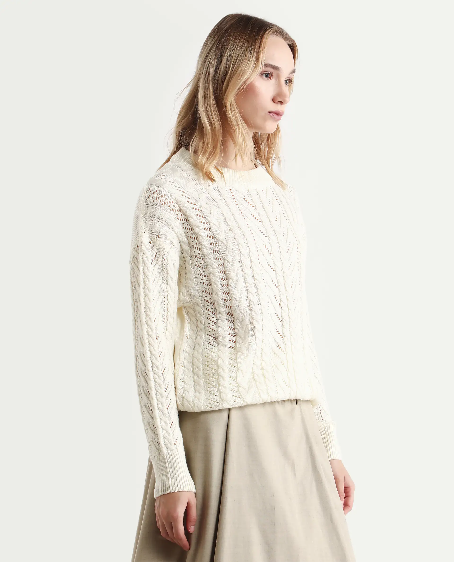 Rareism Women's Kaya Off White Acrylic Crew Neck Plain Regular Fit Sweater - Image 6