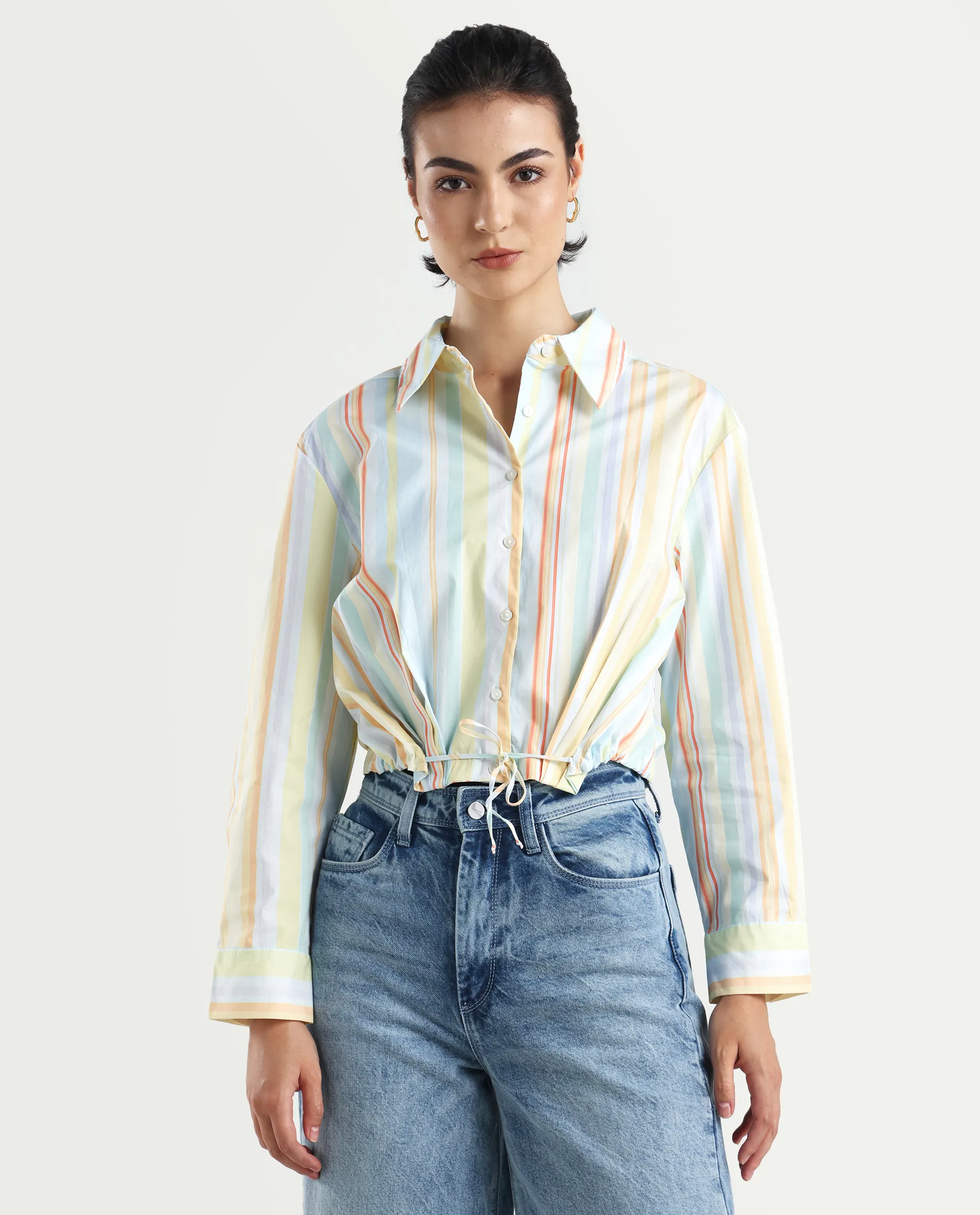 Rareism Women's Kaylae Light Multi Cotton Blend Drop Collar Striped Cuffed Sleeve Crop Regular Fit Top - Image 3