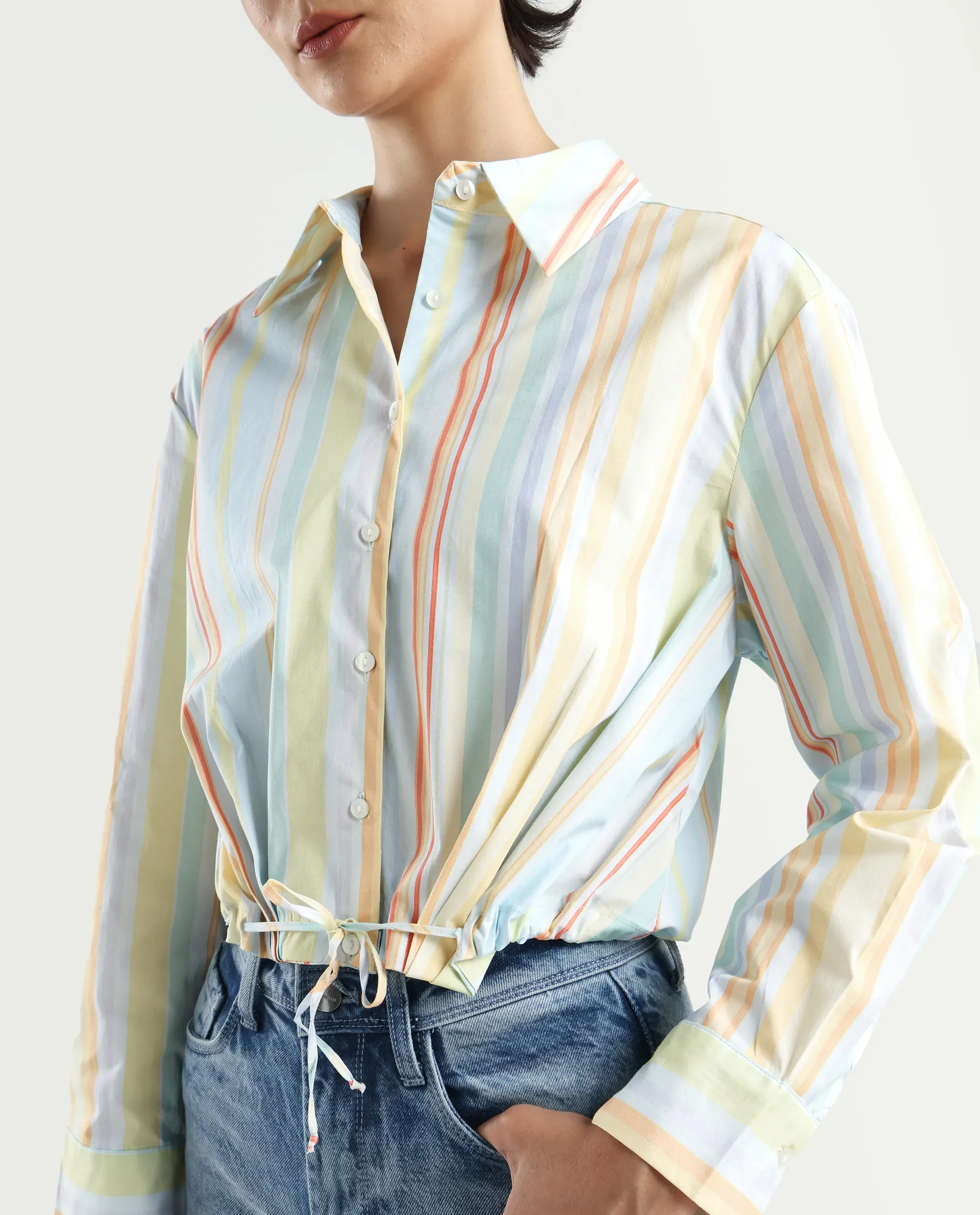 Rareism Women's Kaylae Light Multi Cotton Blend Drop Collar Striped Cuffed Sleeve Crop Regular Fit Top - Image 4