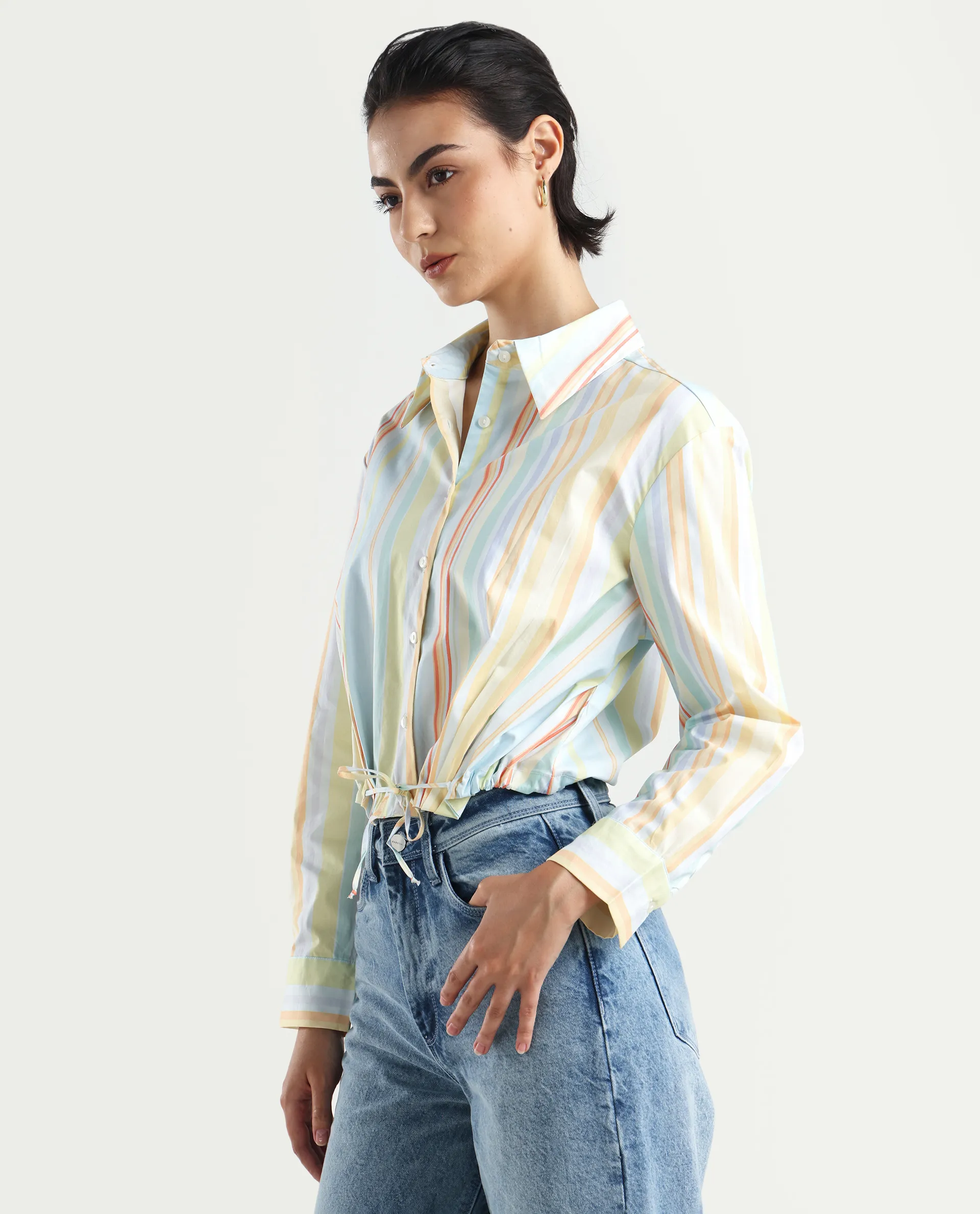 Rareism Women's Kaylae Light Multi Cotton Blend Drop Collar Striped Cuffed Sleeve Crop Regular Fit Top - Image 5