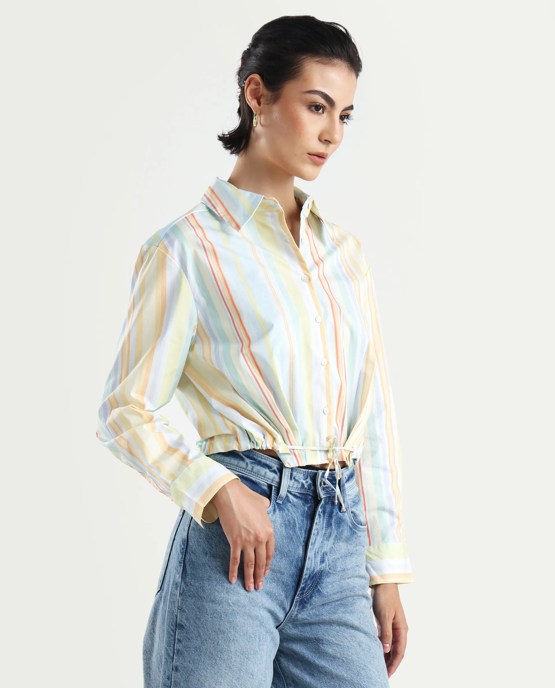 Rareism Women's Kaylae Light Multi Cotton Blend Drop Collar Striped Cuffed Sleeve Crop Regular Fit Top - Image 6
