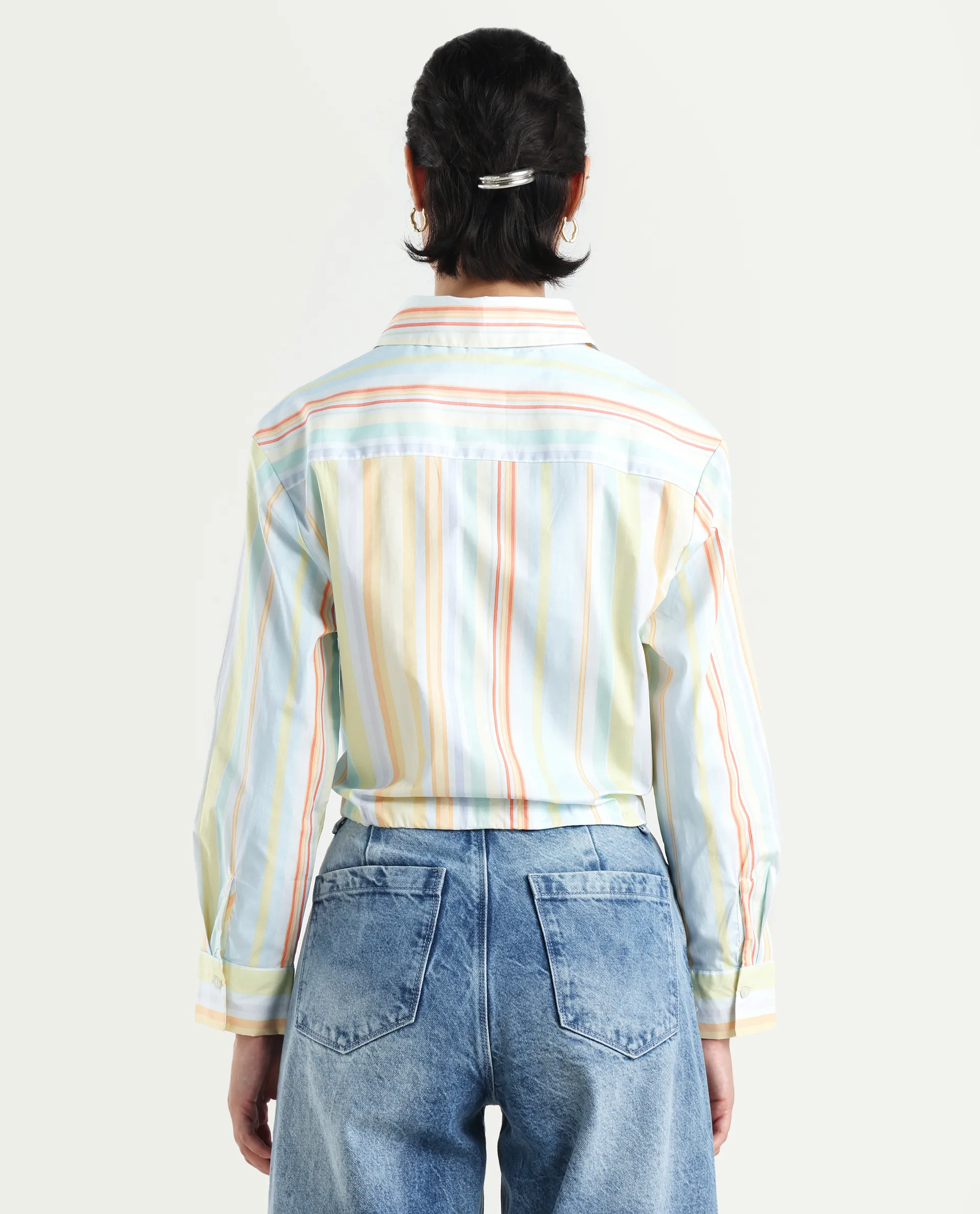 Rareism Women's Kaylae Light Multi Cotton Blend Drop Collar Striped Cuffed Sleeve Crop Regular Fit Top - Image 7