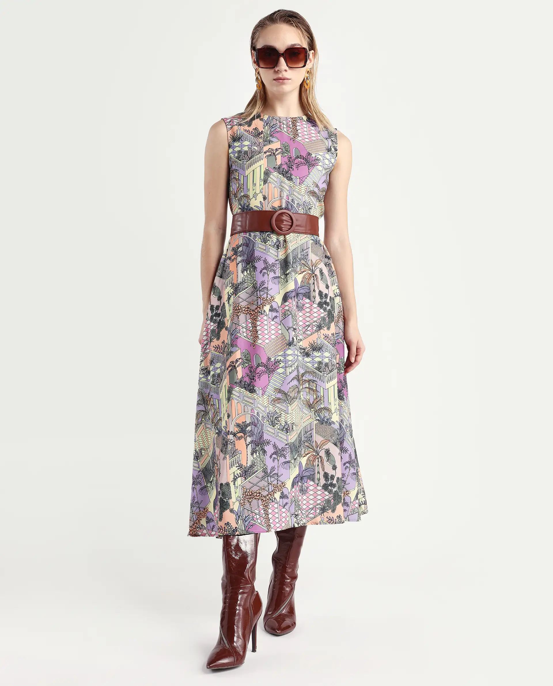 Rareism Women's Kaylee Multi Polyester Crew Neck Graphic Print Sleeveless Maxi Fit And Flare Dress