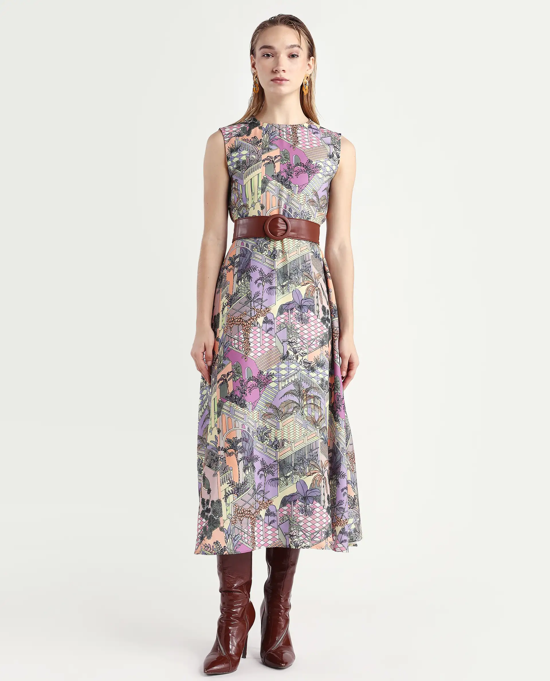 Rareism Women's Kaylee Multi Polyester Crew Neck Graphic Print Sleeveless Maxi Fit And Flare Dress - Image 3