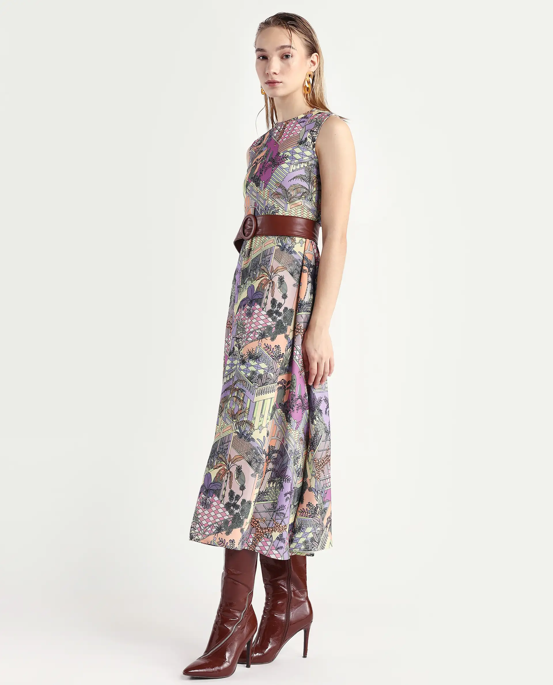 Rareism Women's Kaylee Multi Polyester Crew Neck Graphic Print Sleeveless Maxi Fit And Flare Dress - Image 4