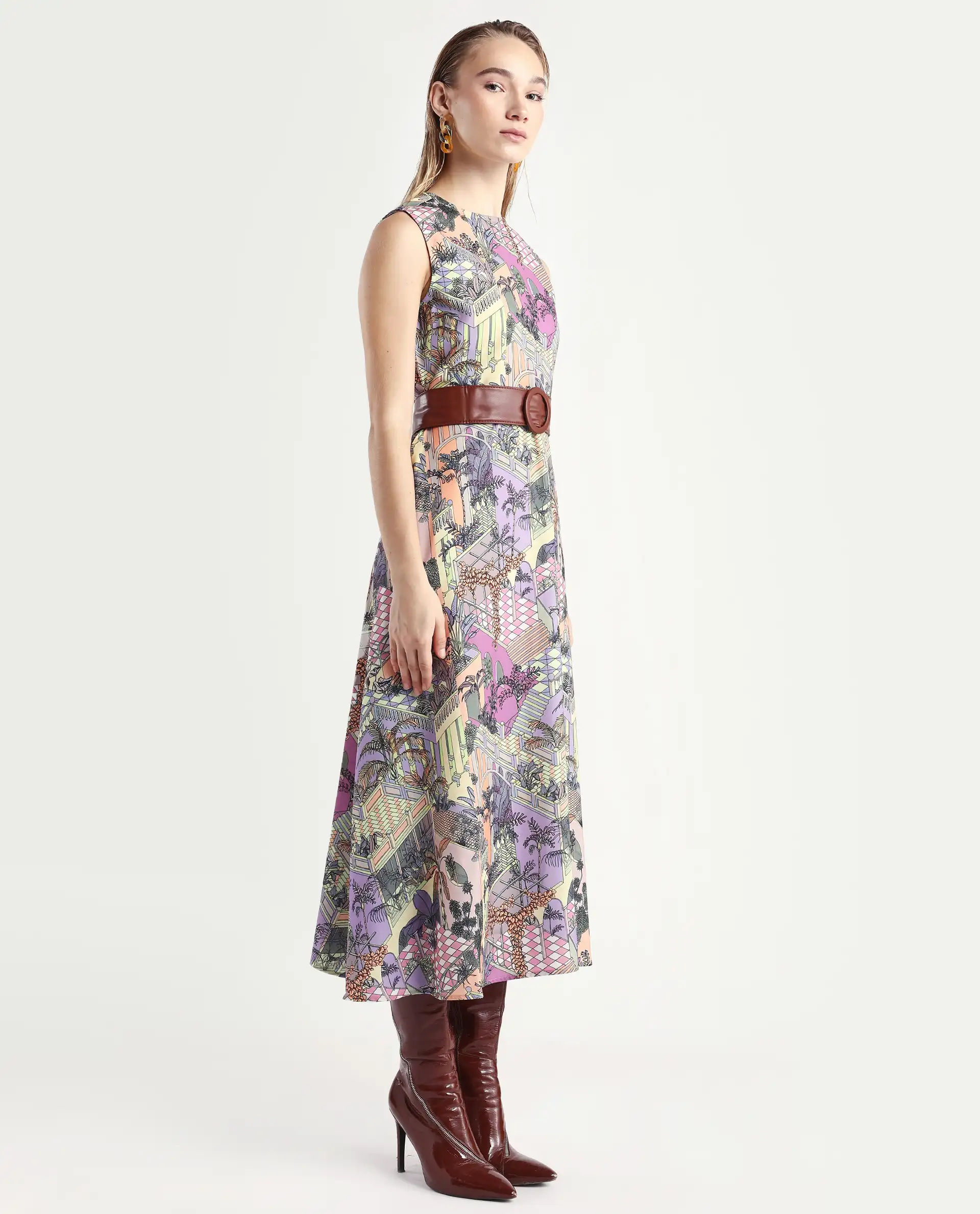 Rareism Women's Kaylee Multi Polyester Crew Neck Graphic Print Sleeveless Maxi Fit And Flare Dress - Image 5