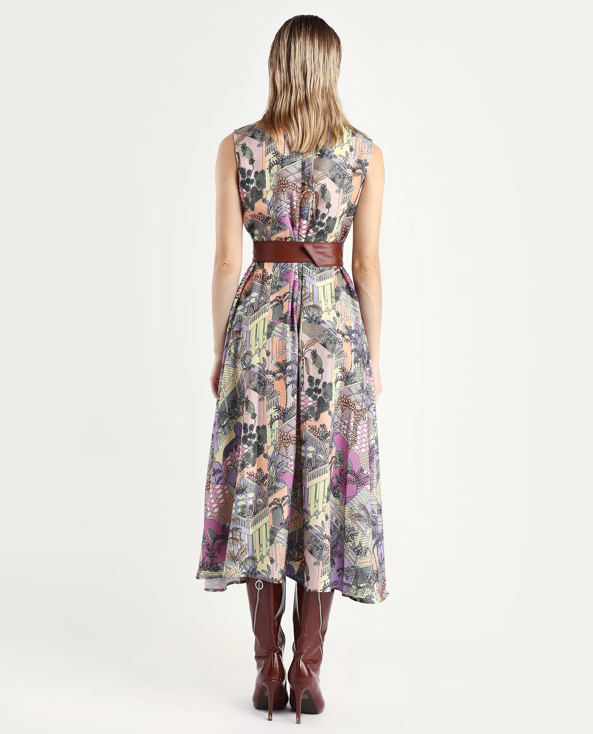 Rareism Women's Kaylee Multi Polyester Crew Neck Graphic Print Sleeveless Maxi Fit And Flare Dress - Image 6