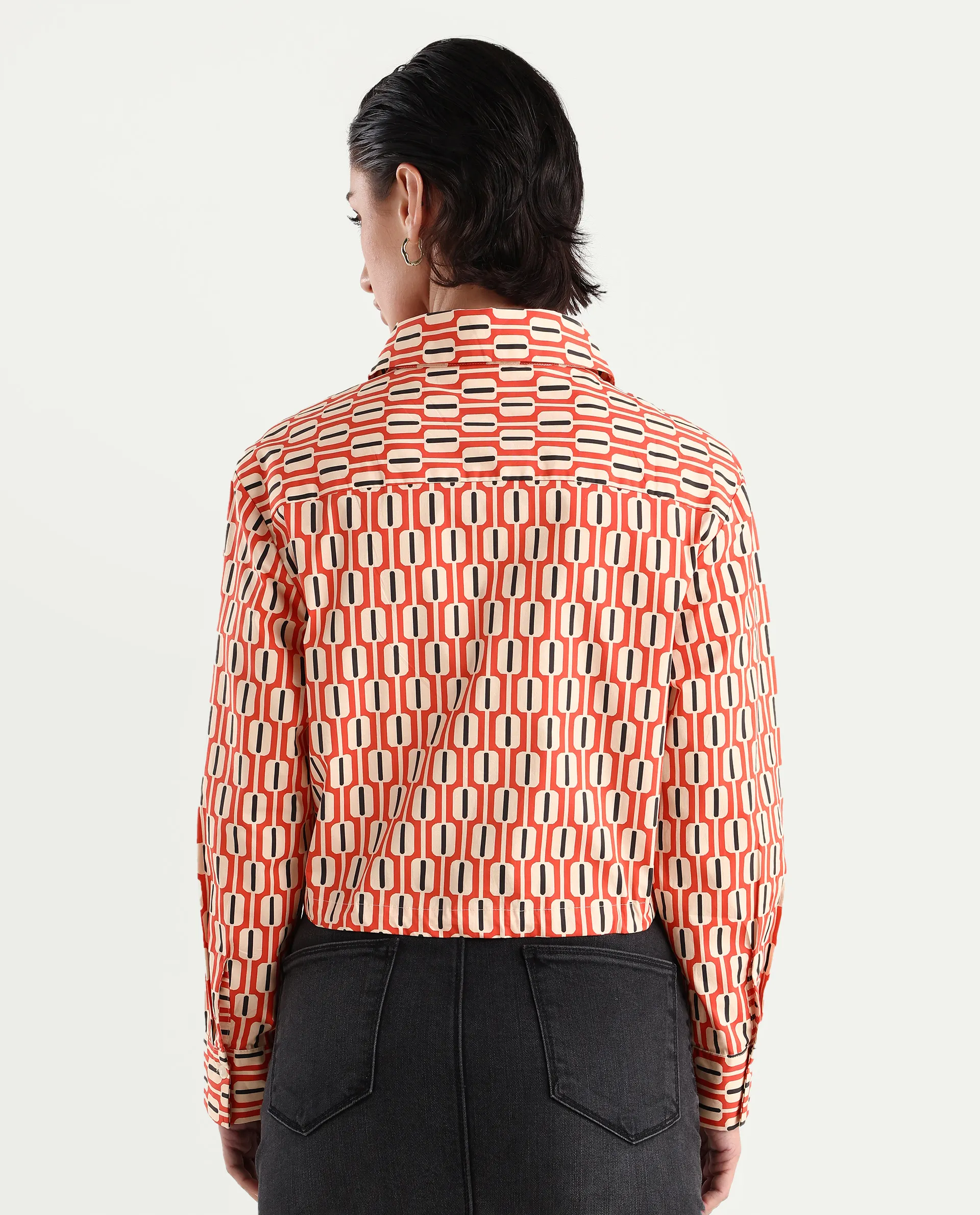 Rareism Women's Kayline Multi Cotton Blend Drop Collar Geometric Print Cuffed Sleeve Crop Regular Fit Top - Image 2