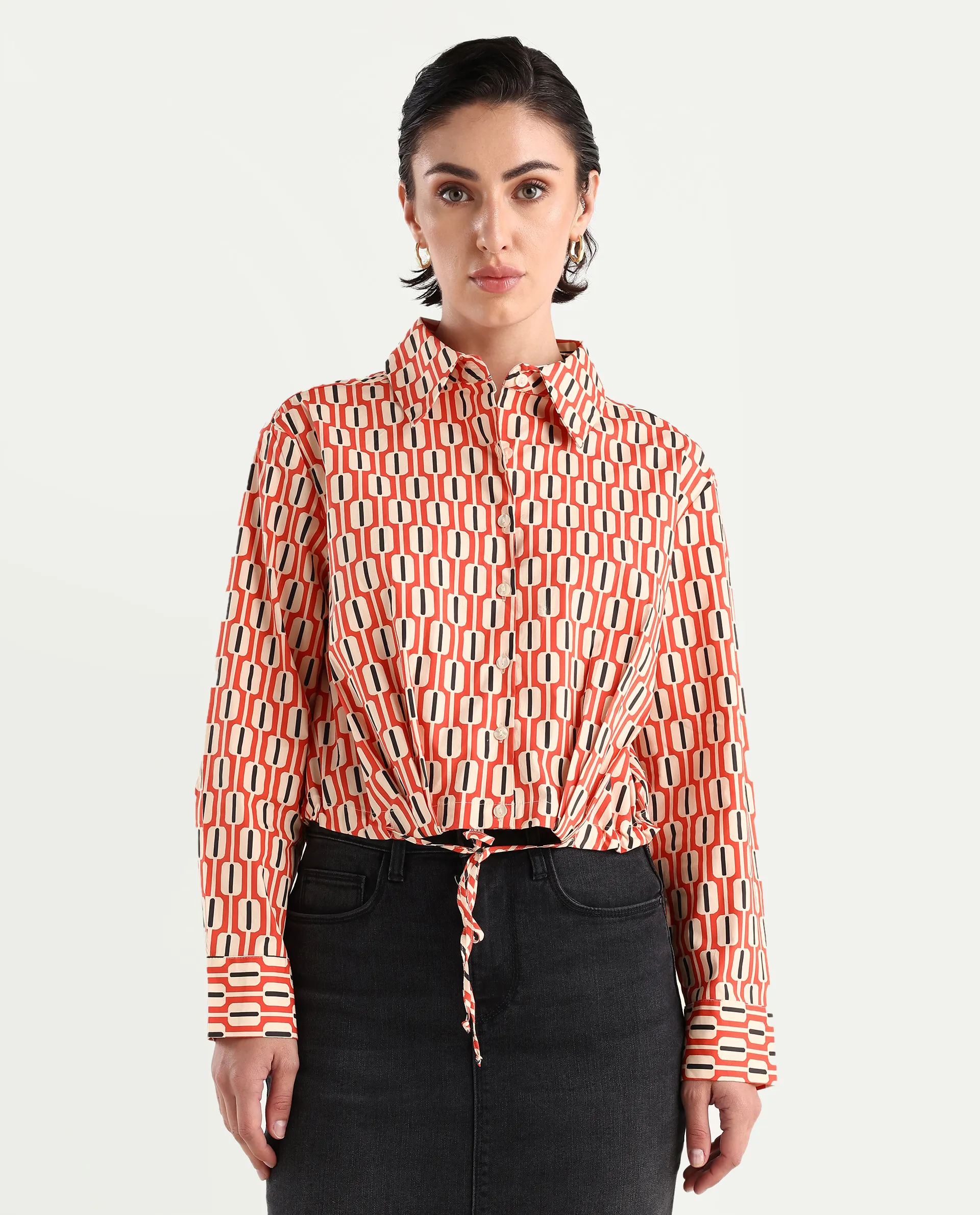 Rareism Women's Kayline Multi Cotton Blend Drop Collar Geometric Print Cuffed Sleeve Crop Regular Fit Top - Image 3