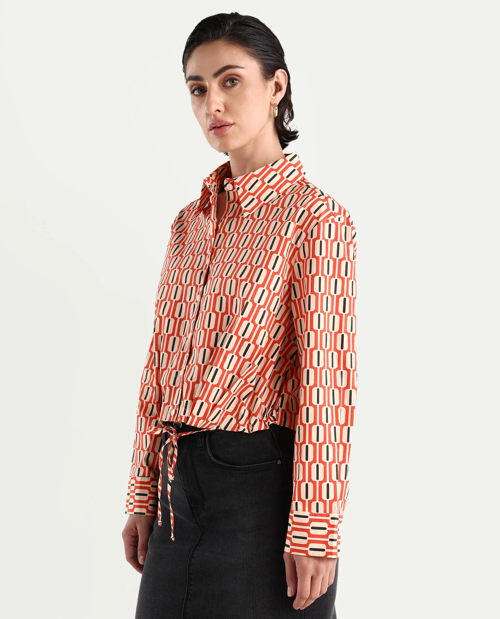 Rareism Women's Kayline Multi Cotton Blend Drop Collar Geometric Print Cuffed Sleeve Crop Regular Fit Top - Image 4