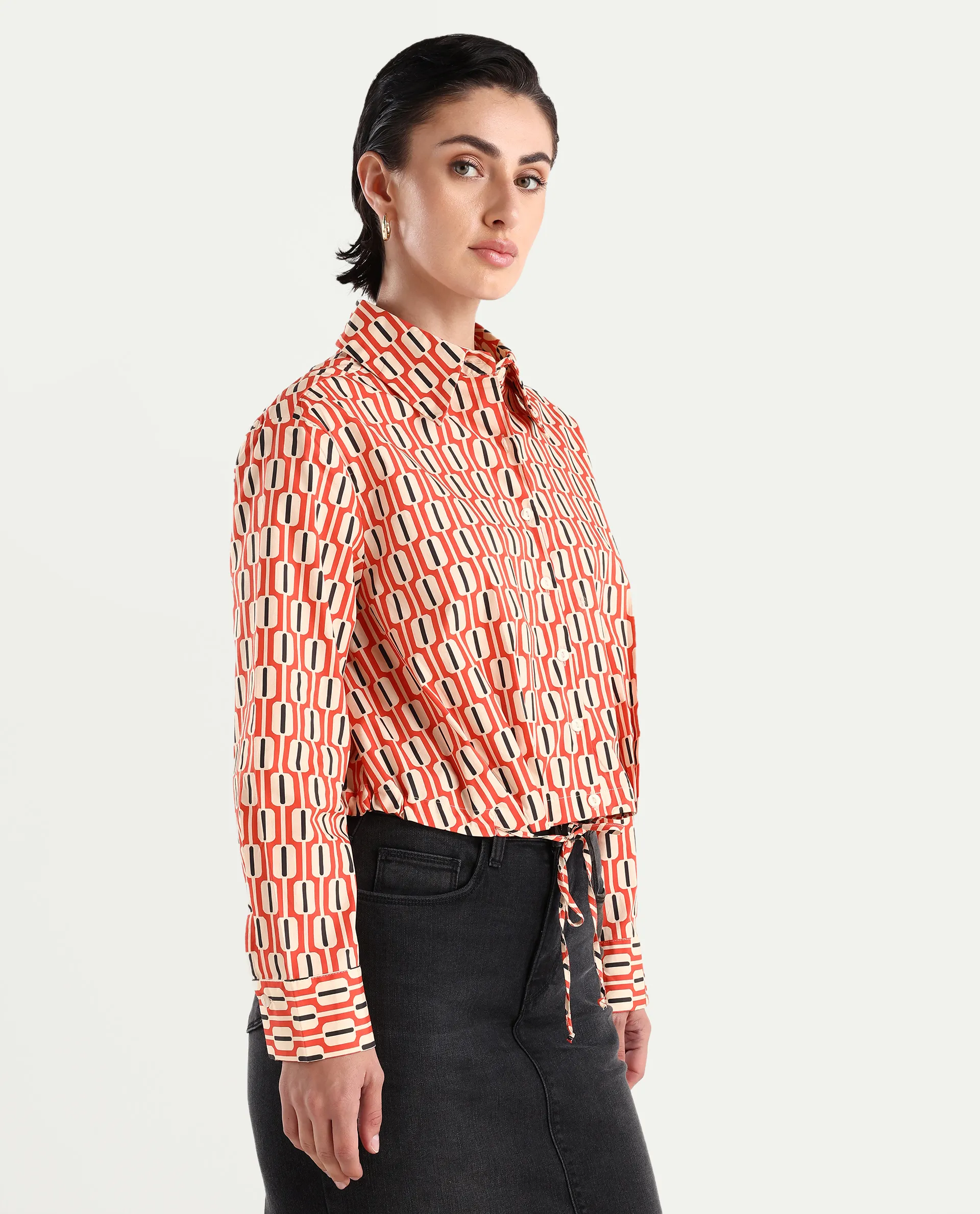 Rareism Women's Kayline Multi Cotton Blend Drop Collar Geometric Print Cuffed Sleeve Crop Regular Fit Top - Image 5