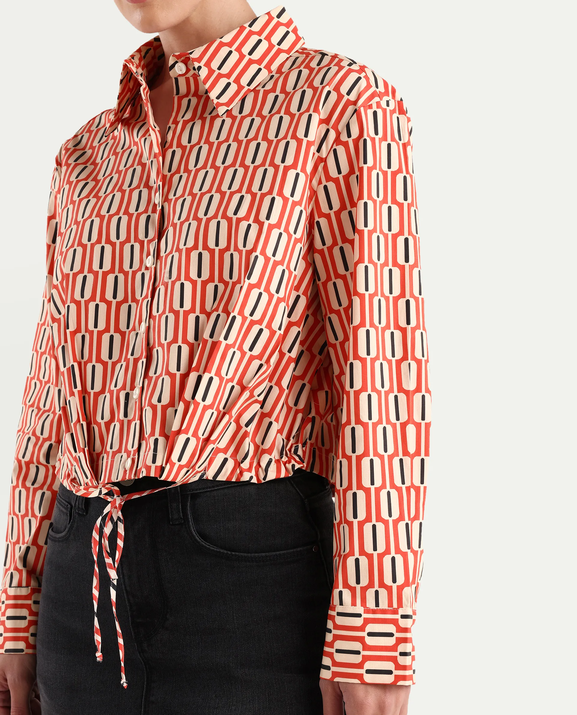 Rareism Women's Kayline Multi Cotton Blend Drop Collar Geometric Print Cuffed Sleeve Crop Regular Fit Top - Image 6