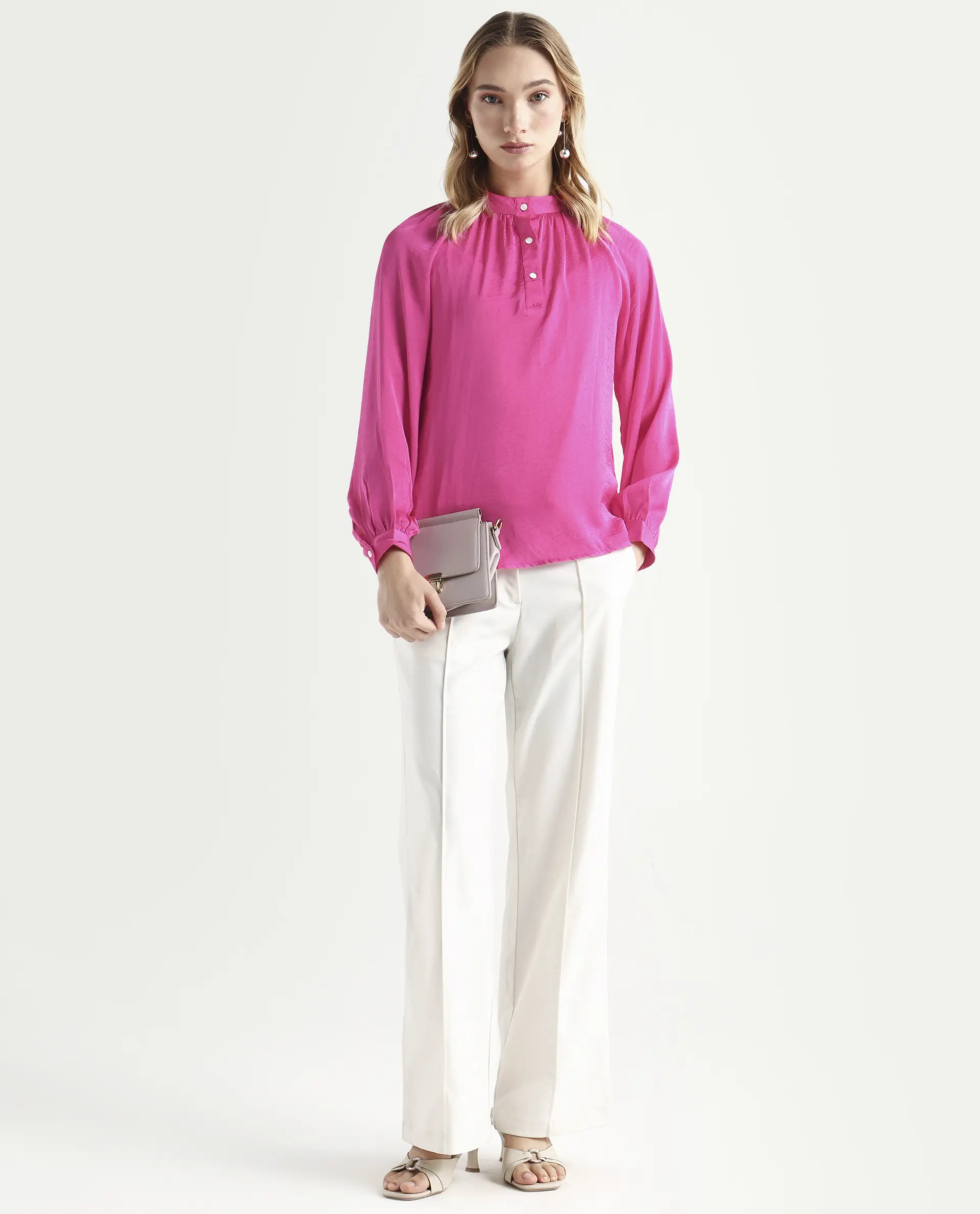Rareism Women's Kaylinn Pink Polyester High Neck Plain Volume Sleeve Relaxed Fit Top - Image 2