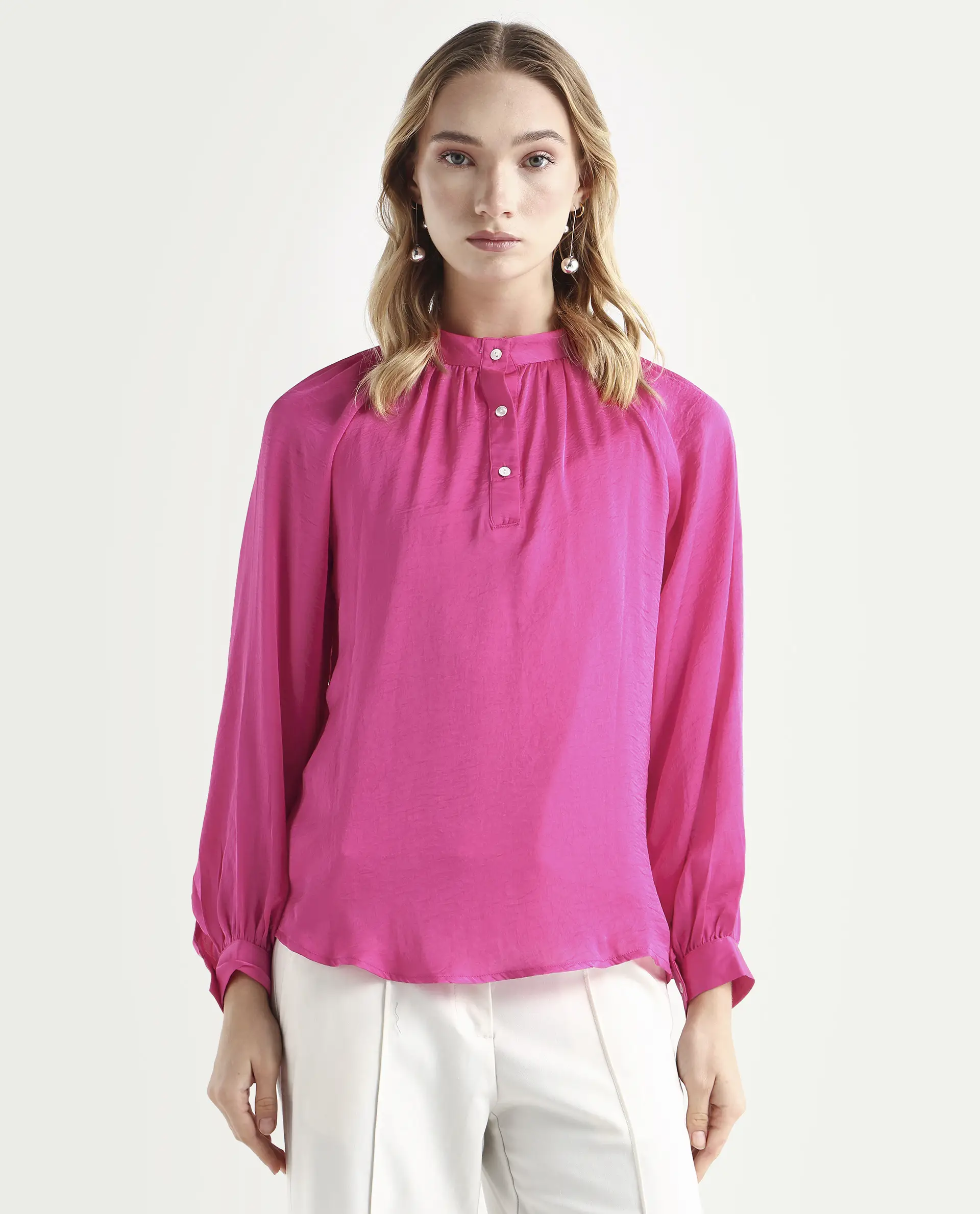 Rareism Women's Kaylinn Pink Polyester High Neck Plain Volume Sleeve Relaxed Fit Top - Image 3
