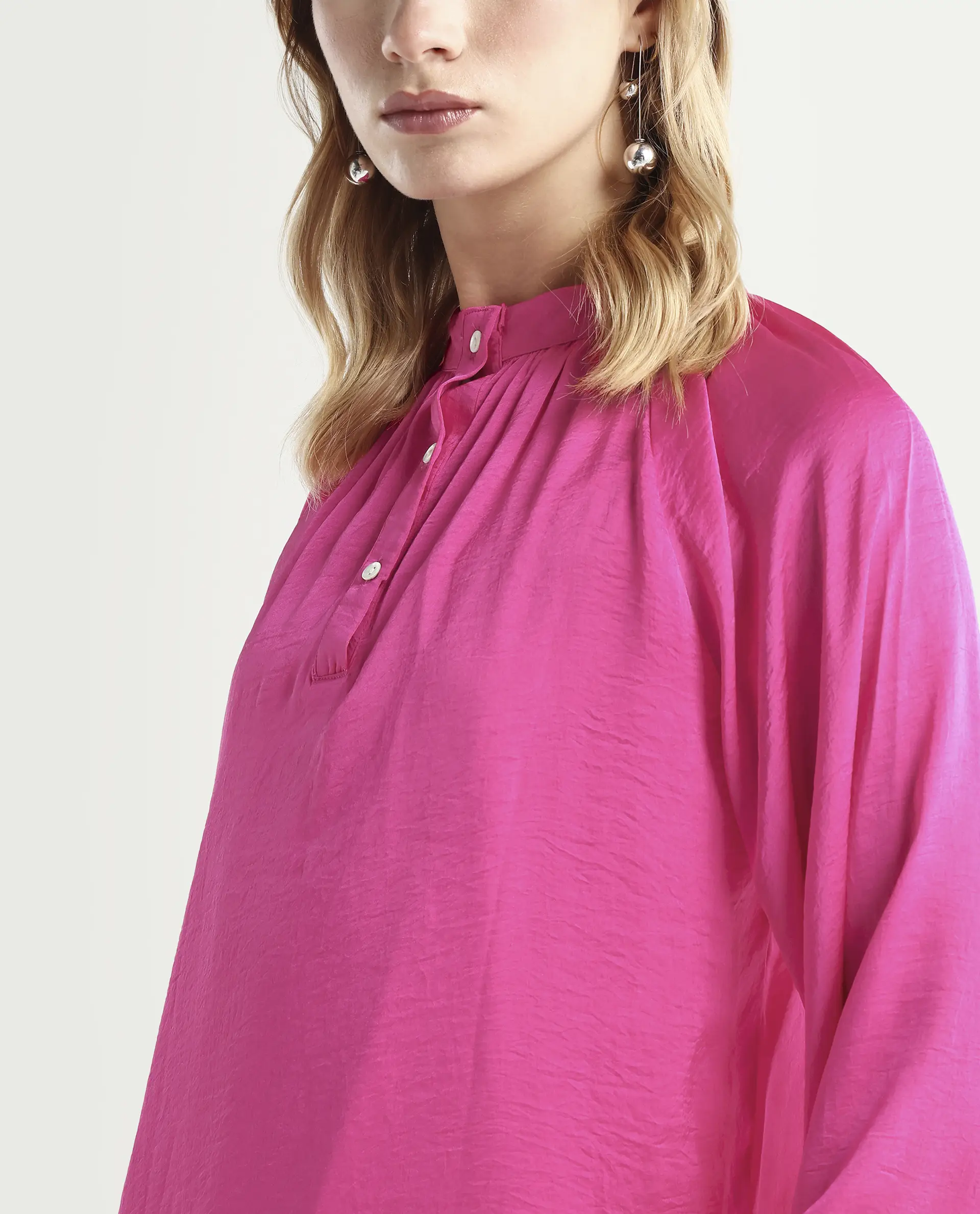 Rareism Women's Kaylinn Pink Polyester High Neck Plain Volume Sleeve Relaxed Fit Top - Image 4