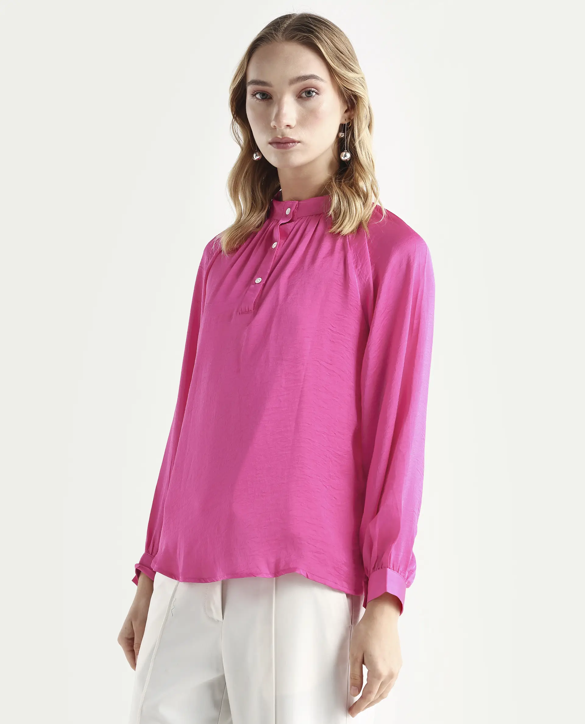 Rareism Women's Kaylinn Pink Polyester High Neck Plain Volume Sleeve Relaxed Fit Top - Image 5