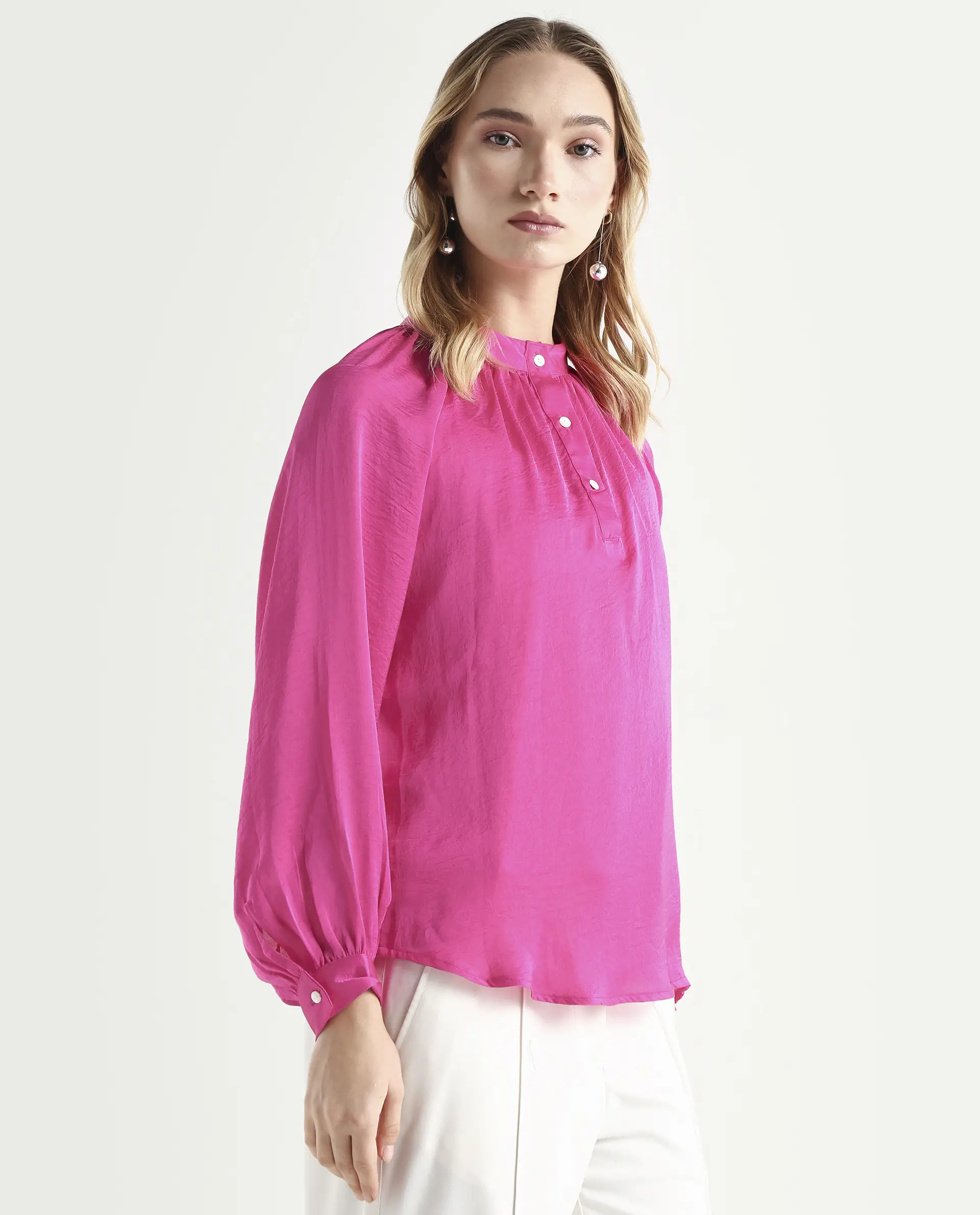 Rareism Women's Kaylinn Pink Polyester High Neck Plain Volume Sleeve Relaxed Fit Top - Image 6