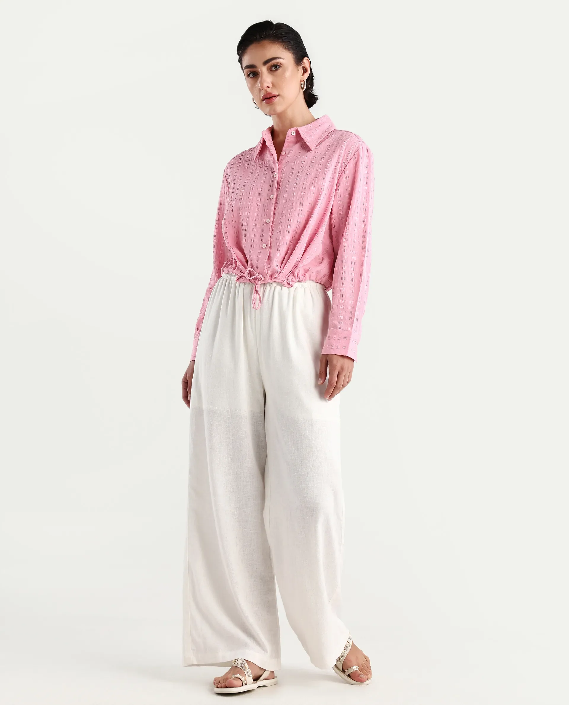 Rareism Women's Kaylo Pink Cotton Blend Drop Collar Plain Cuffed Sleeve Crop Regular Fit Top - Image 2