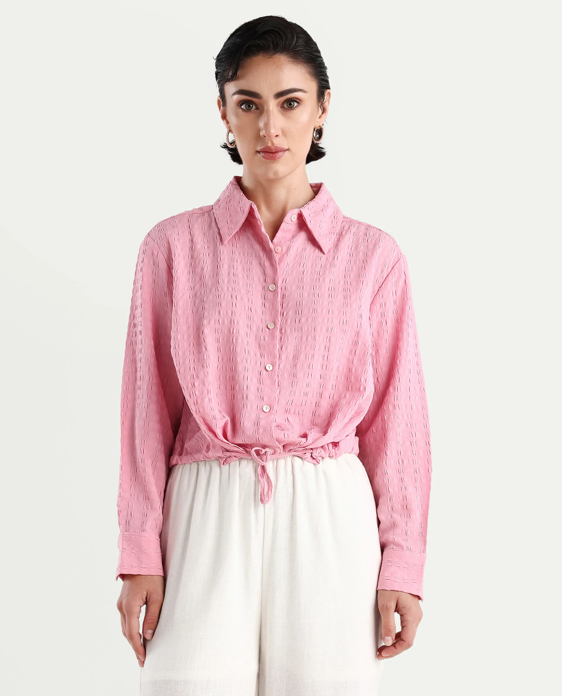 Rareism Women's Kaylo Pink Cotton Blend Drop Collar Plain Cuffed Sleeve Crop Regular Fit Top - Image 3
