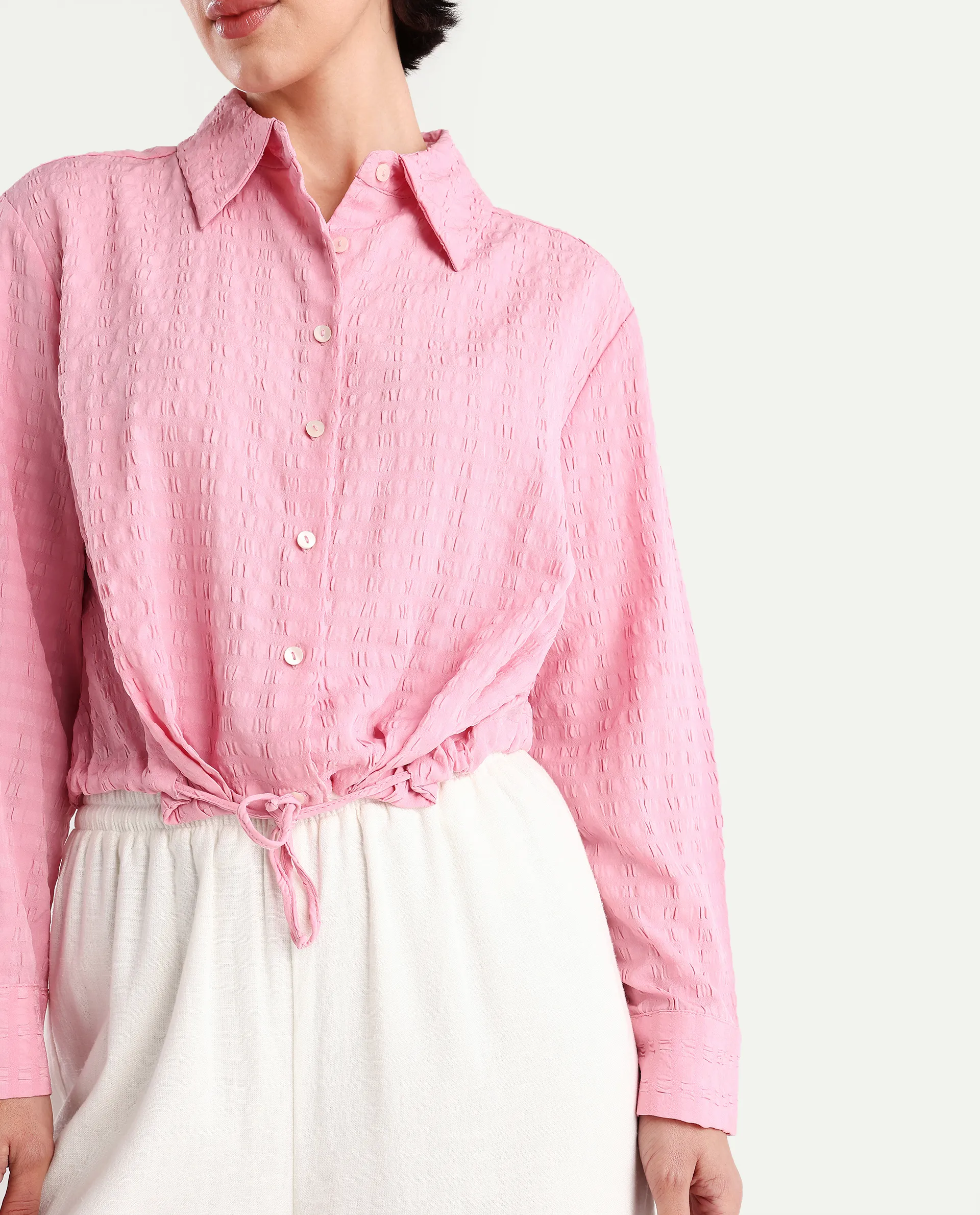 Rareism Women's Kaylo Pink Cotton Blend Drop Collar Plain Cuffed Sleeve Crop Regular Fit Top - Image 4