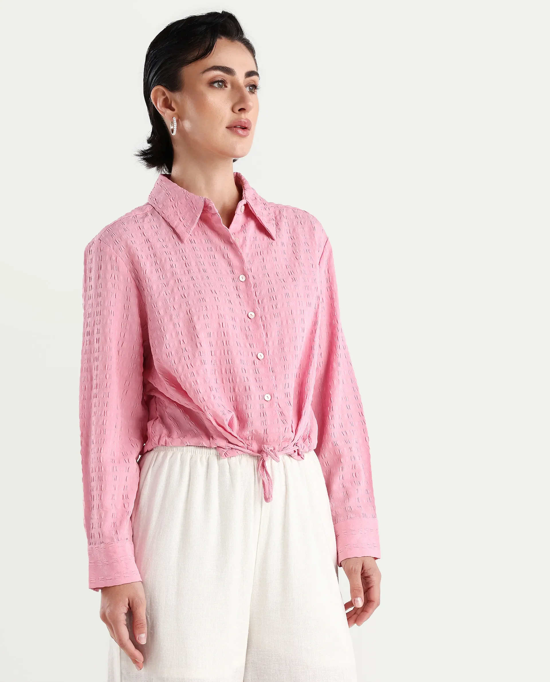 Rareism Women's Kaylo Pink Cotton Blend Drop Collar Plain Cuffed Sleeve Crop Regular Fit Top - Image 5