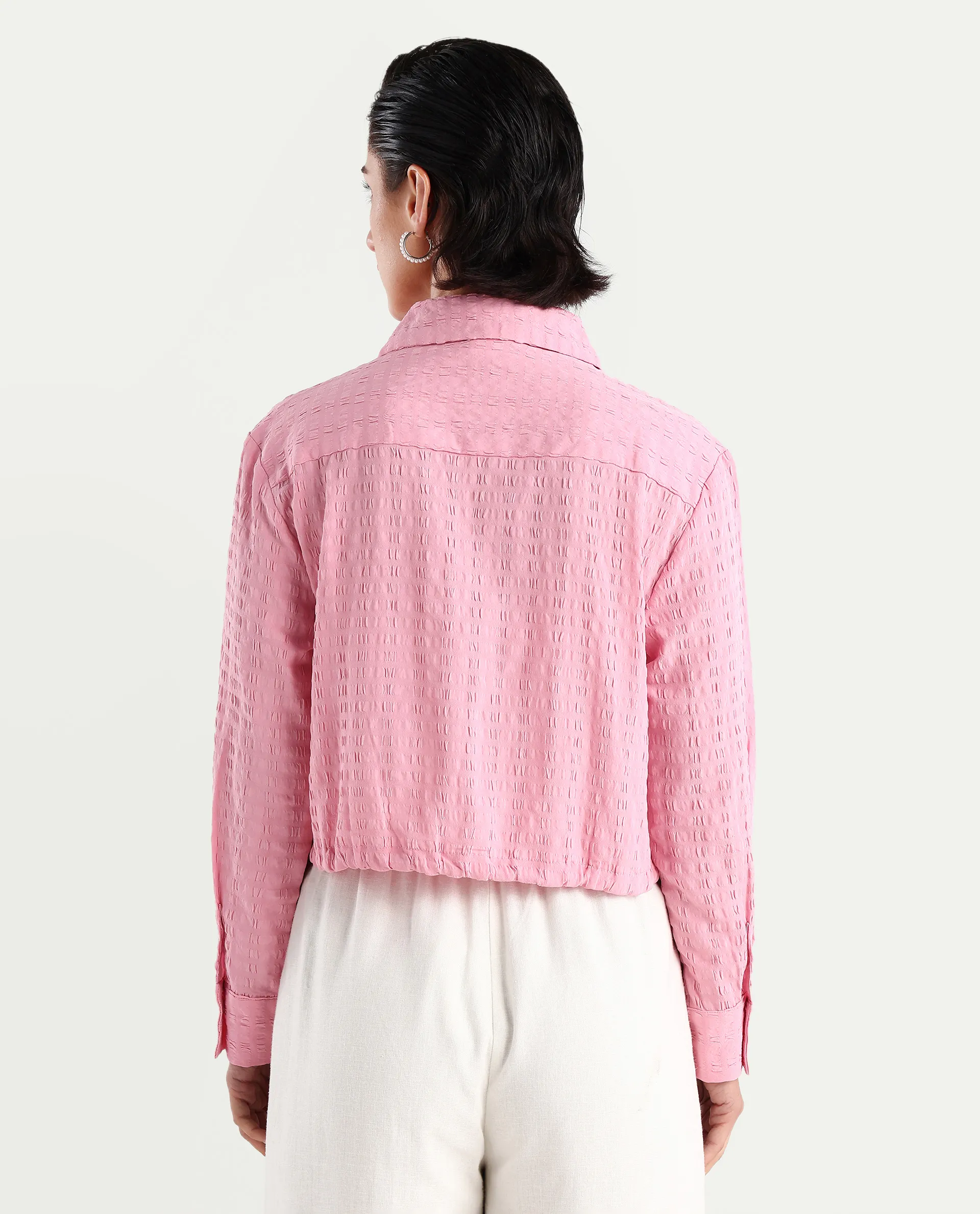 Rareism Women's Kaylo Pink Cotton Blend Drop Collar Plain Cuffed Sleeve Crop Regular Fit Top - Image 6