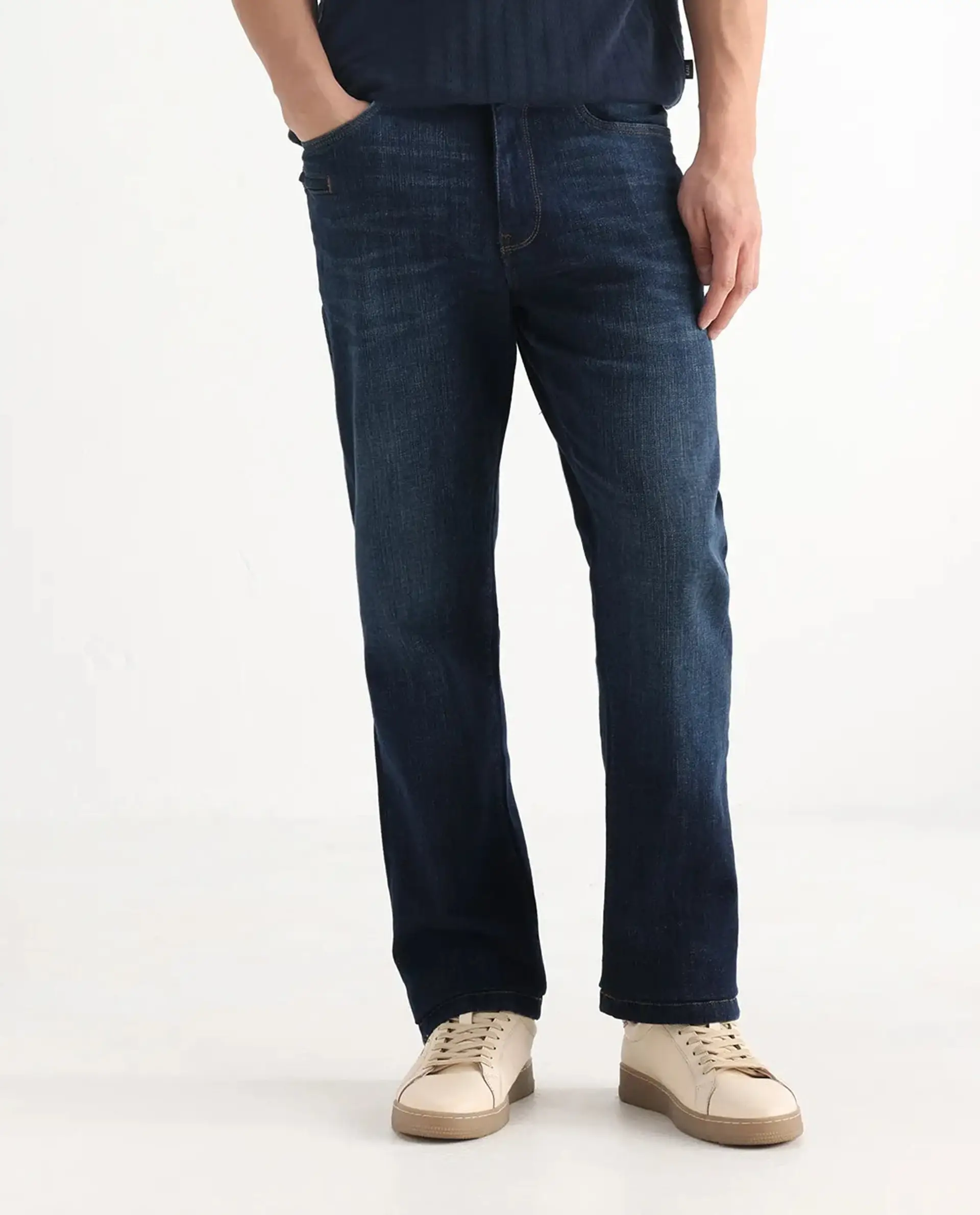 Rare Rabbit Men's Kazi Dark Blue Cotton Plain Morris Regular Fit Jeans - Image 10