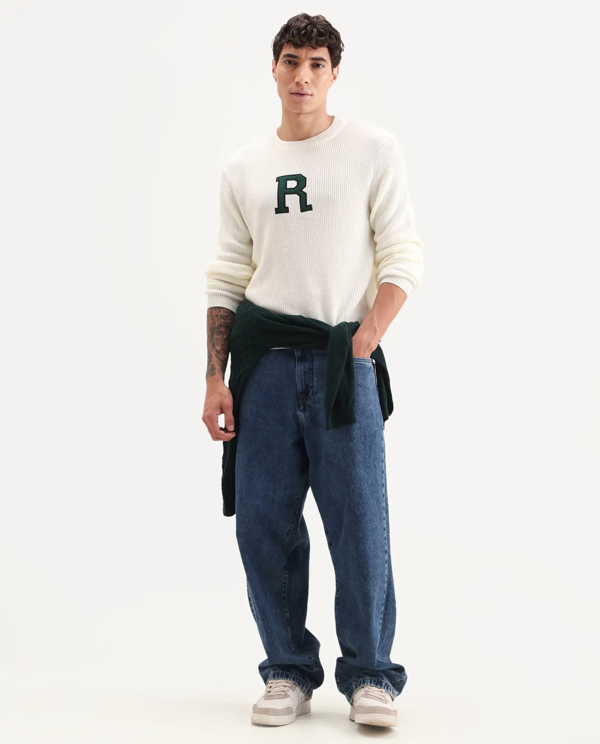Rare Rabbit Men's Kazu Off White Cotton Applique Print Regular Fit Full Sleeve Crew Neck Sweater - Image 2