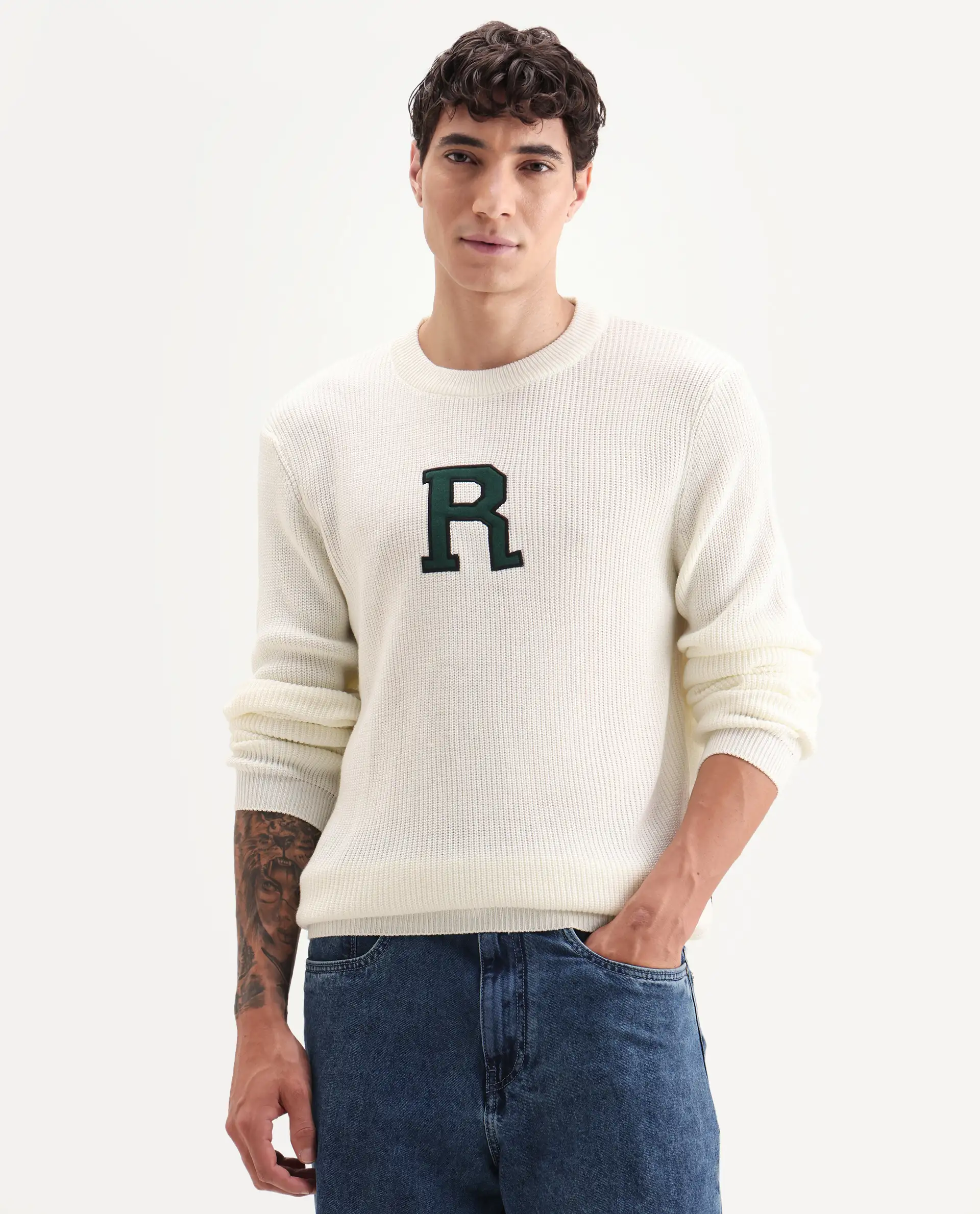 Rare Rabbit Men's Kazu Off White Cotton Applique Print Regular Fit Full Sleeve Crew Neck Sweater - Image 3
