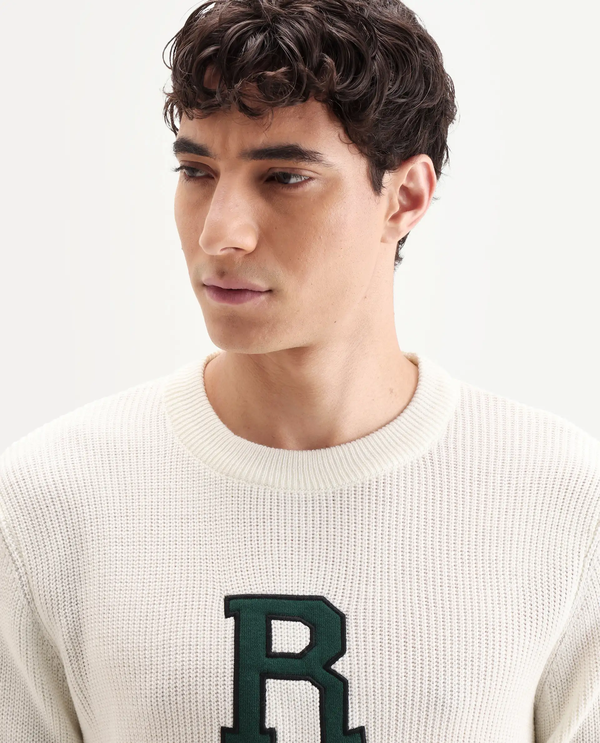 Rare Rabbit Men's Kazu Off White Cotton Applique Print Regular Fit Full Sleeve Crew Neck Sweater - Image 4