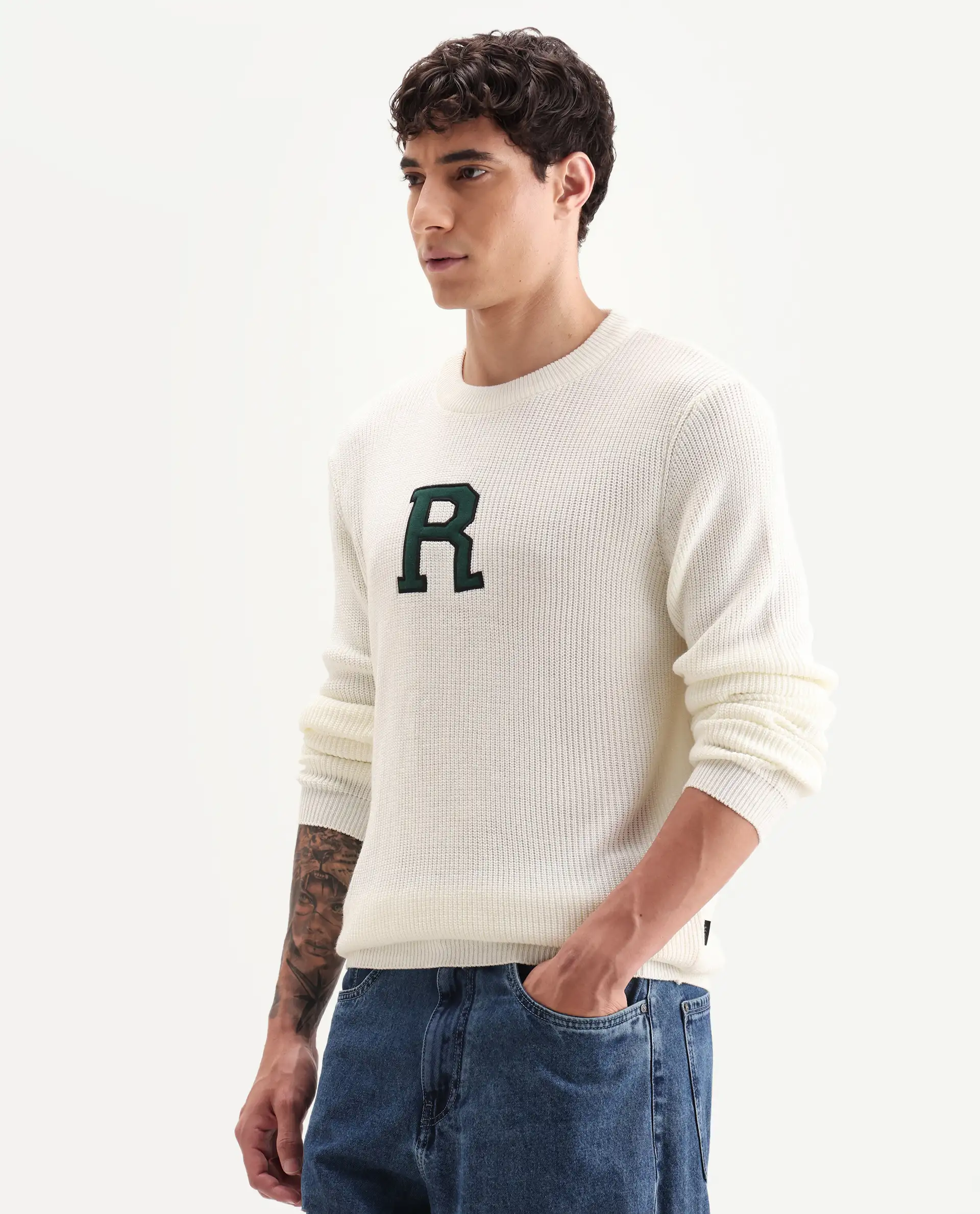 Rare Rabbit Men's Kazu Off White Cotton Applique Print Regular Fit Full Sleeve Crew Neck Sweater - Image 5