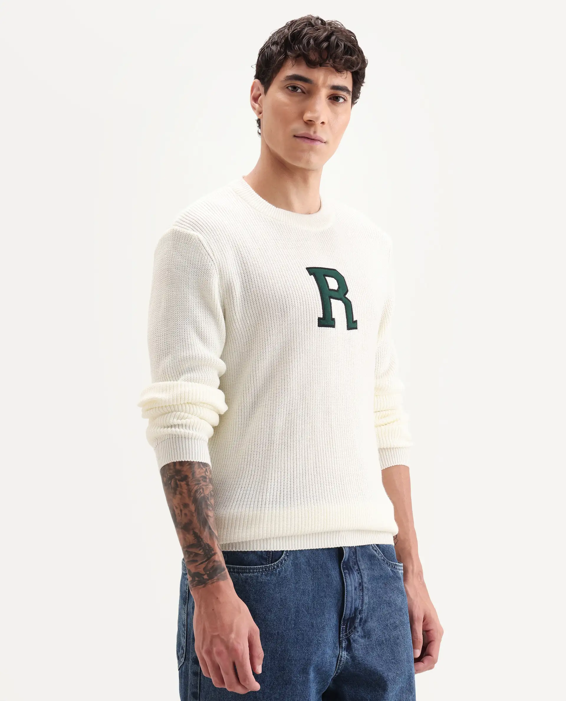 Rare Rabbit Men's Kazu Off White Cotton Applique Print Regular Fit Full Sleeve Crew Neck Sweater - Image 6