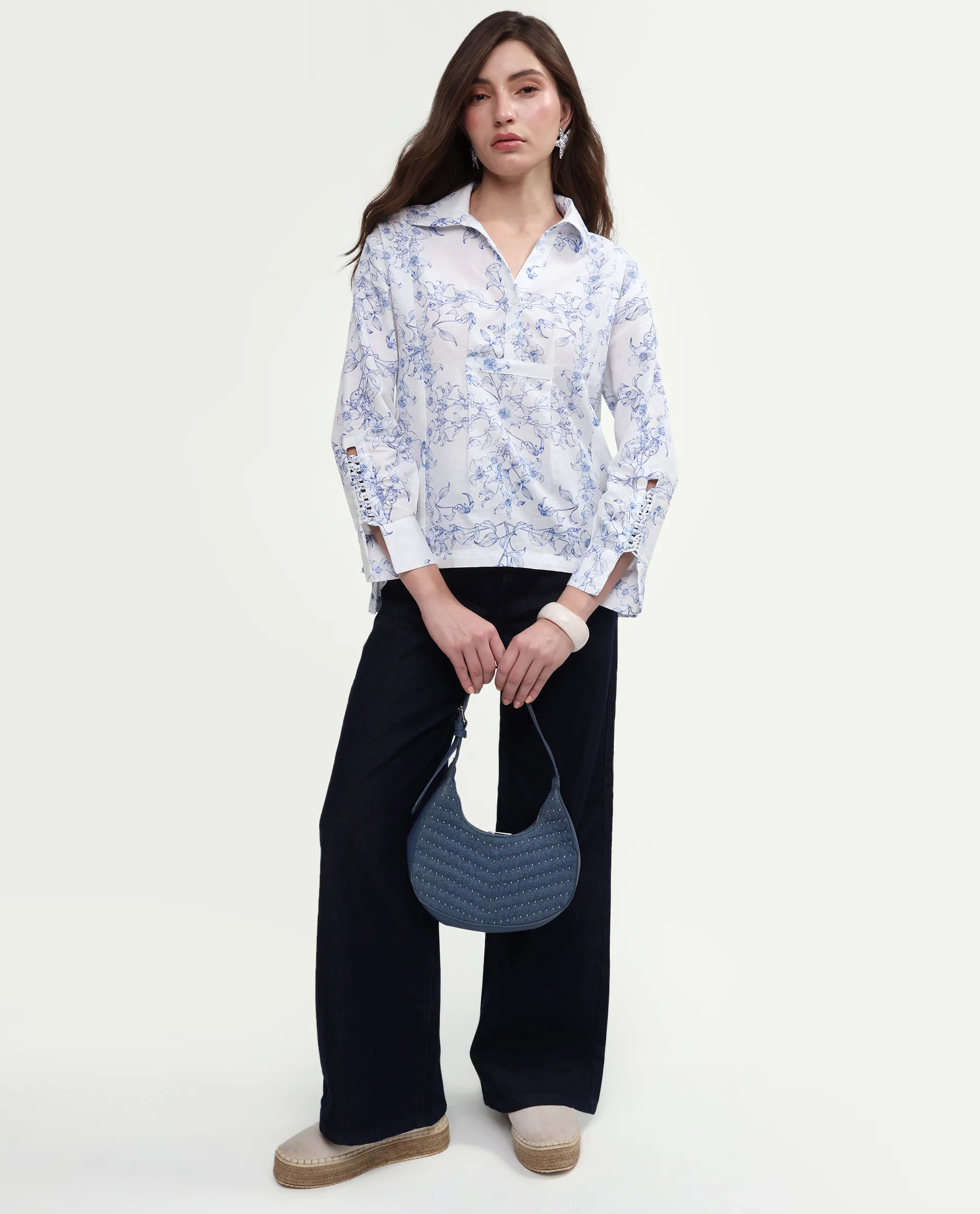 Rareism Women's Kazz Off White Linen Spread Collar Regular Fit Floral Print Top - Image 2