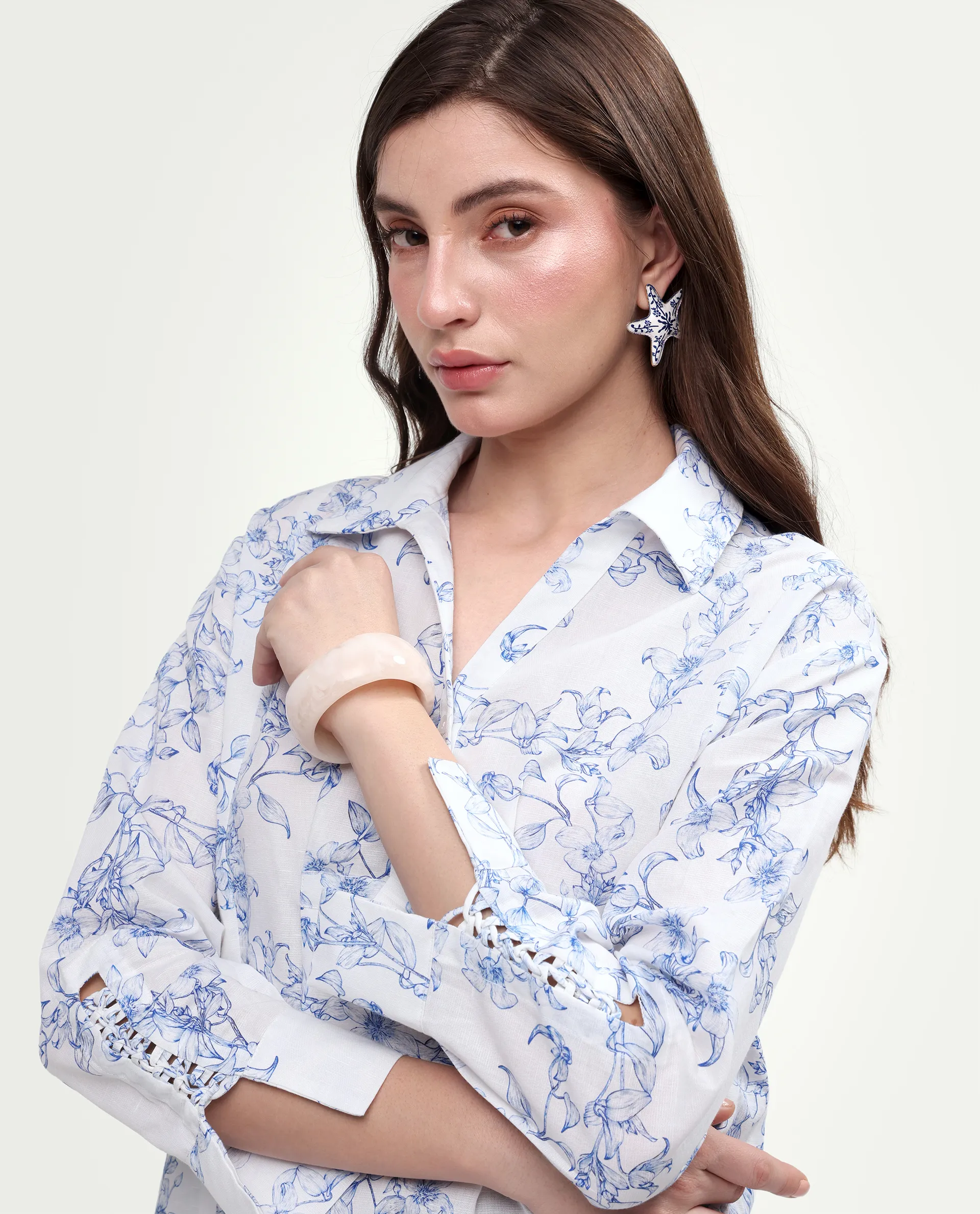 Rareism Women's Kazz Off White Linen Spread Collar Regular Fit Floral Print Top - Image 3