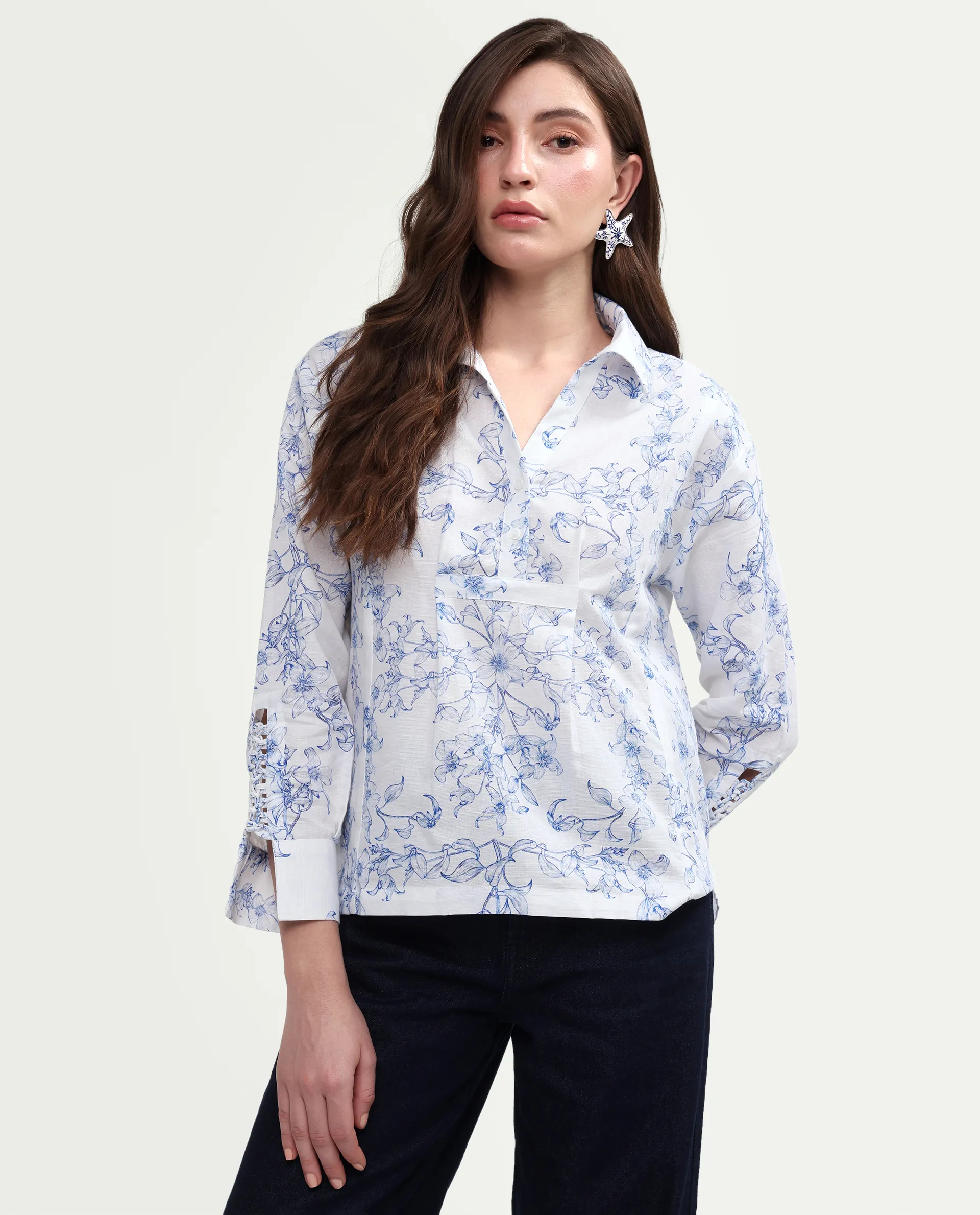 Rareism Women's Kazz Off White Linen Spread Collar Regular Fit Floral Print Top - Image 4