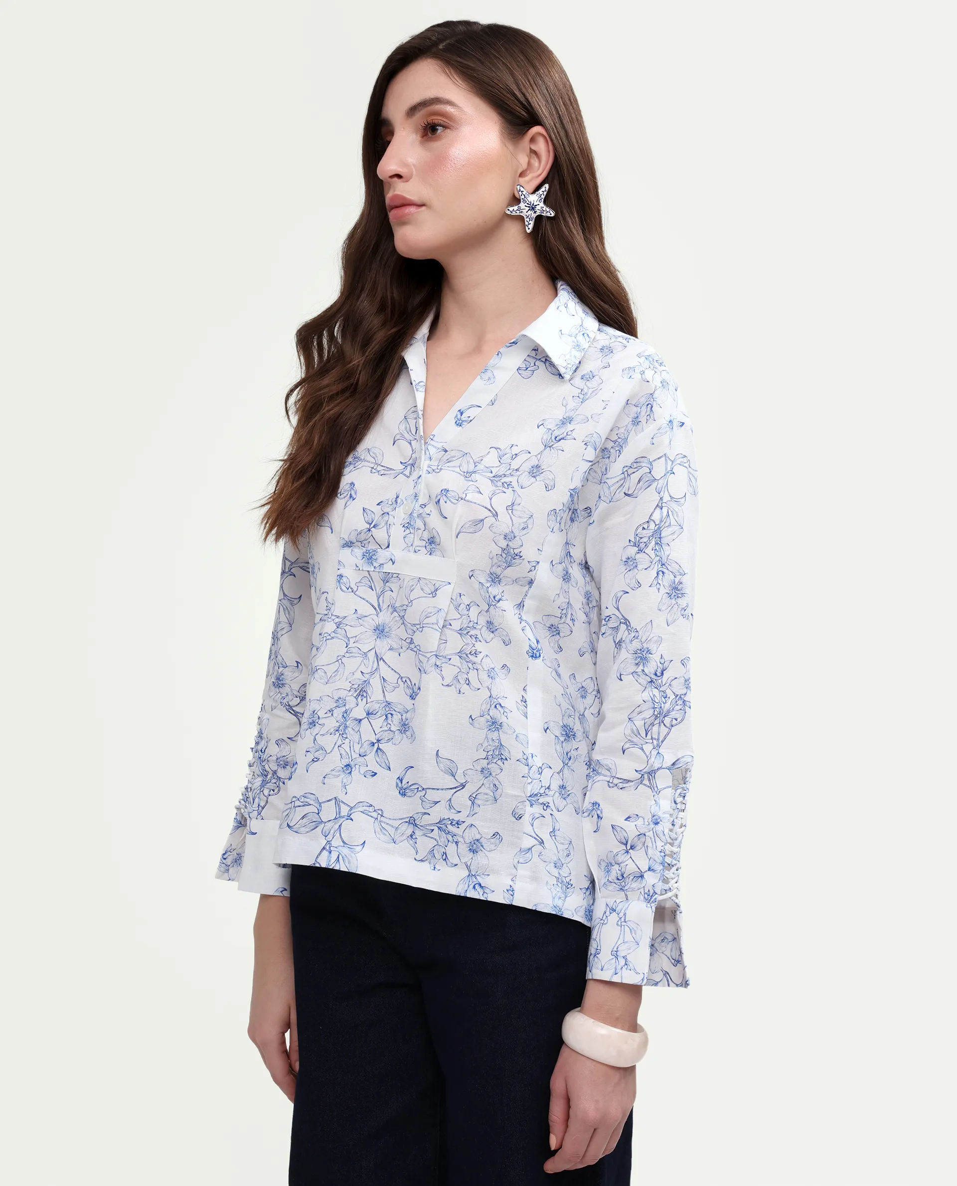 Rareism Women's Kazz Off White Linen Spread Collar Regular Fit Floral Print Top - Image 5