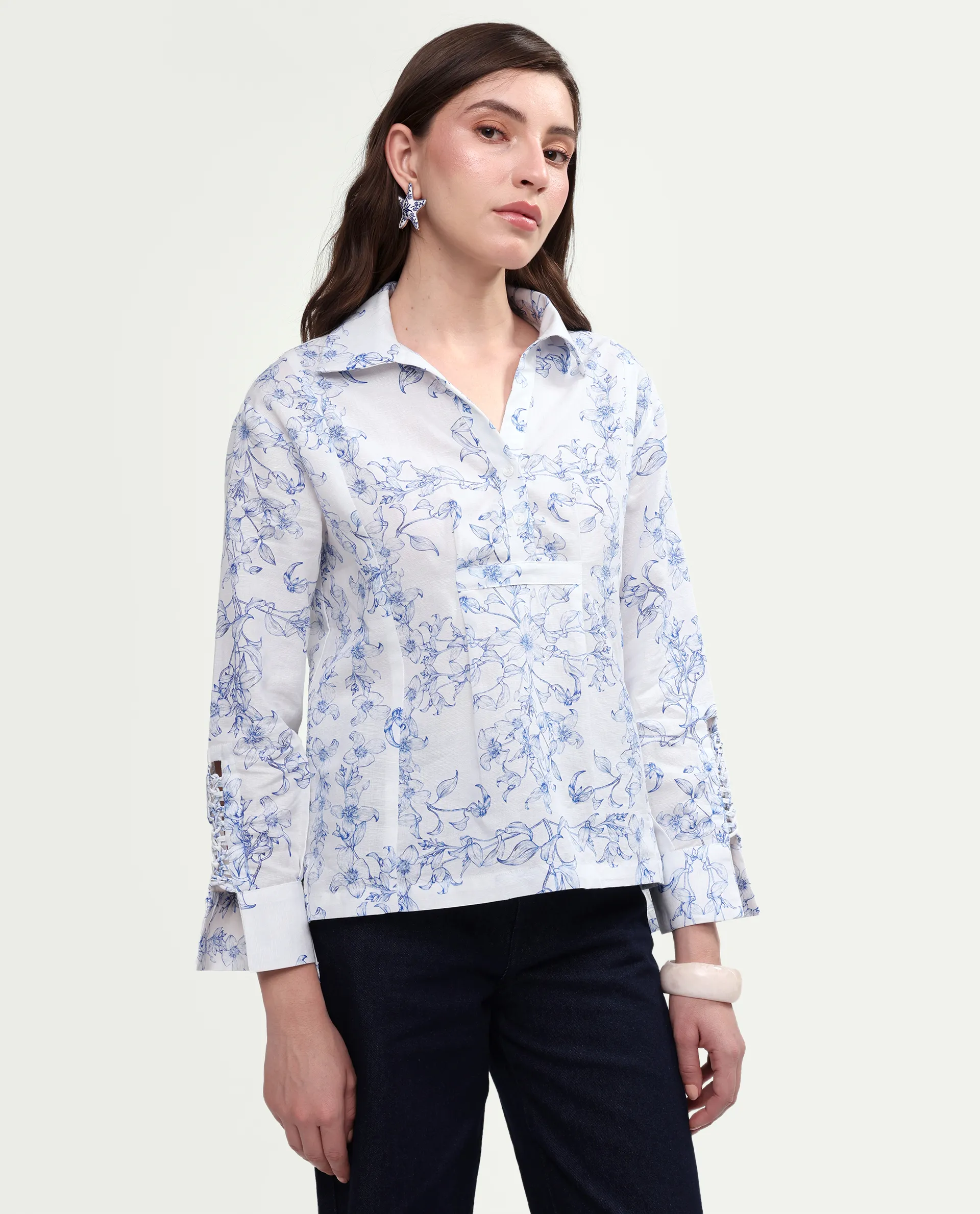 Rareism Women's Kazz Off White Linen Spread Collar Regular Fit Floral Print Top - Image 6