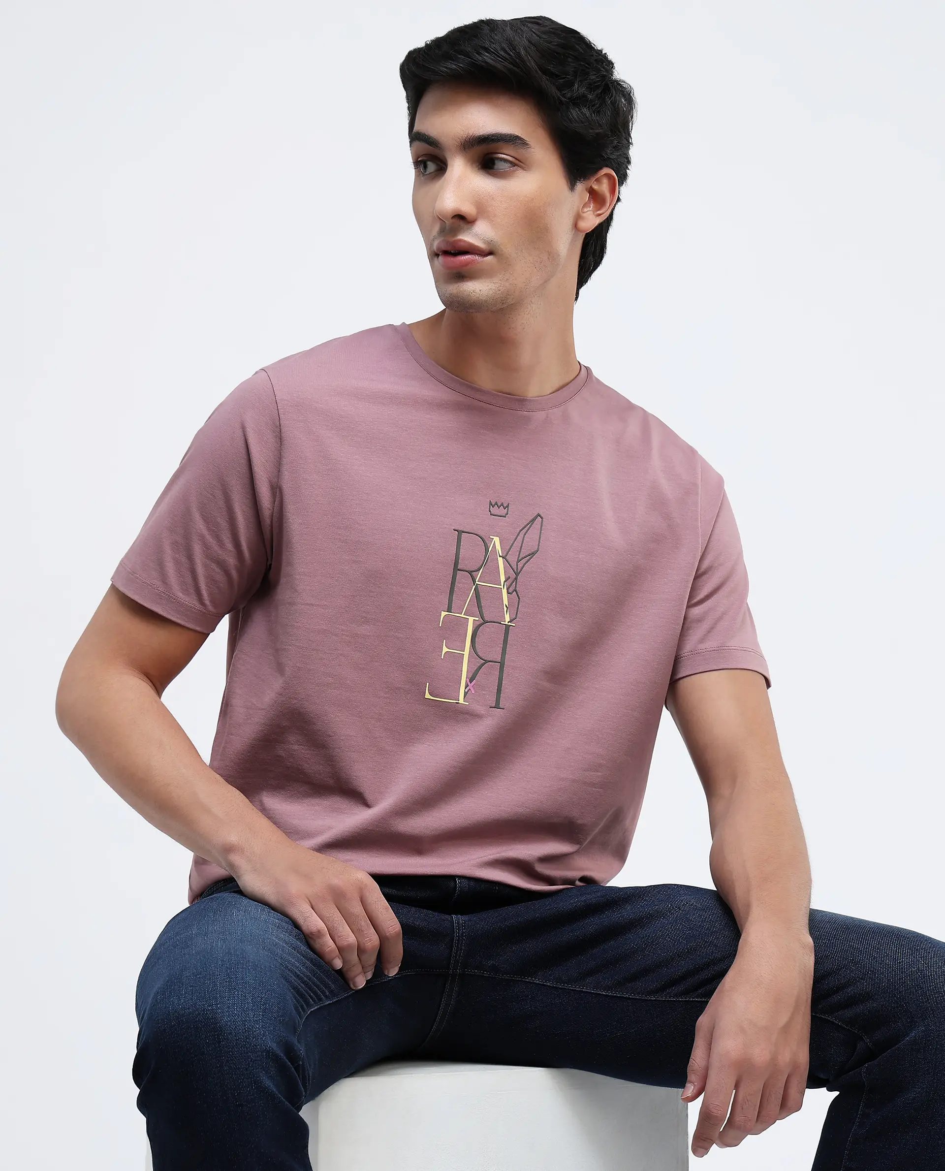 Rare Rabbit Men's Keat Pink Cotton Graphic Print Regular Fit Half Sleeve Crew Neck T-Shirt