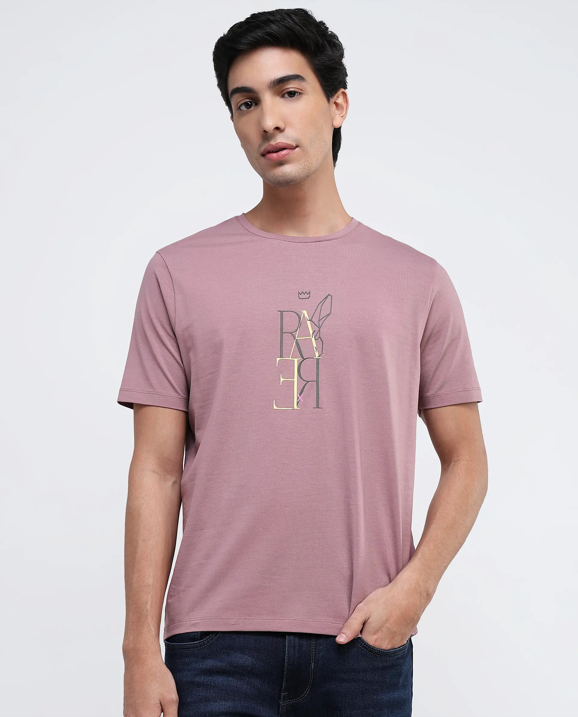 Rare Rabbit Men's Keat Pink Cotton Graphic Print Regular Fit Half Sleeve Crew Neck T-Shirt - Image 3