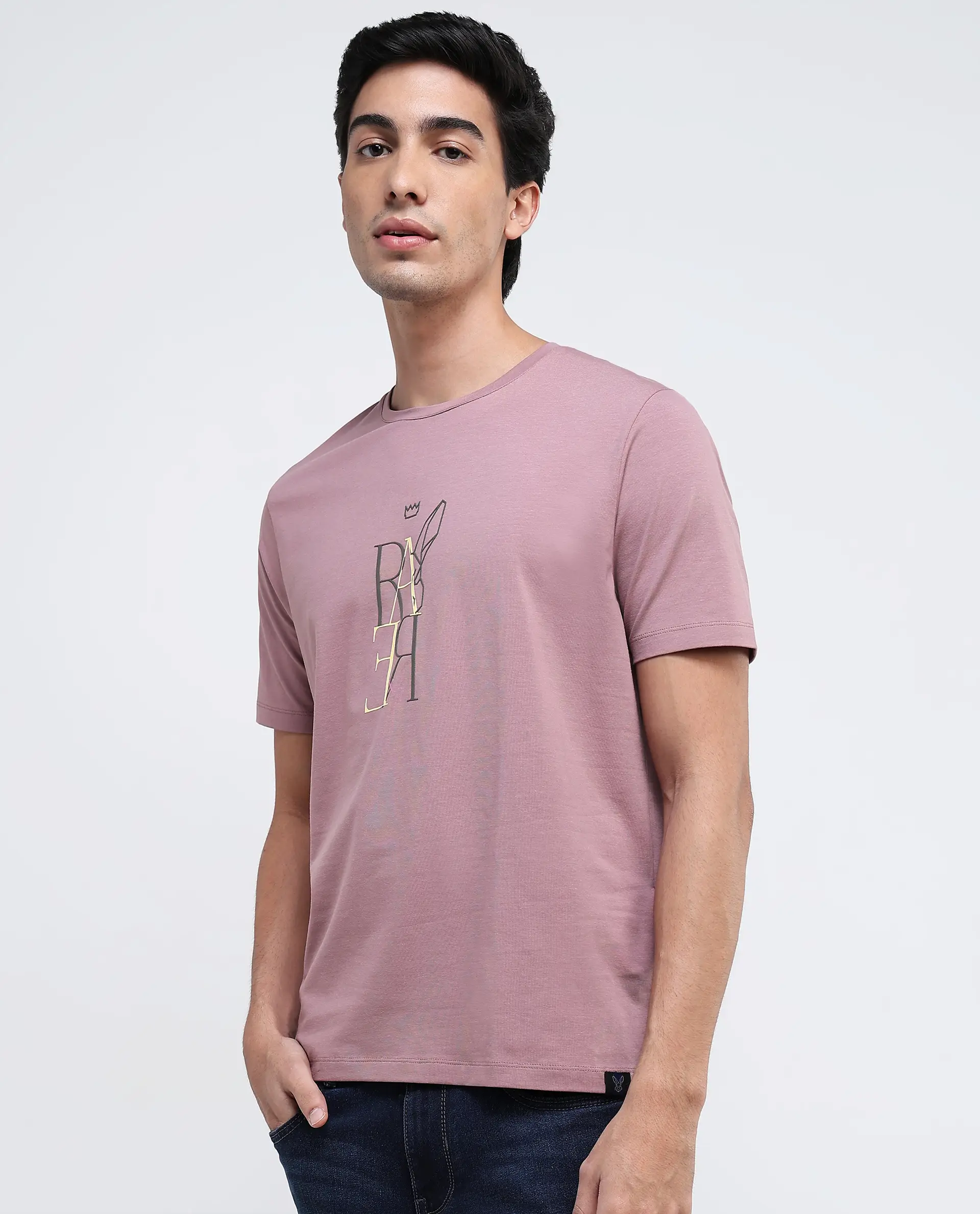 Rare Rabbit Men's Keat Pink Cotton Graphic Print Regular Fit Half Sleeve Crew Neck T-Shirt - Image 4