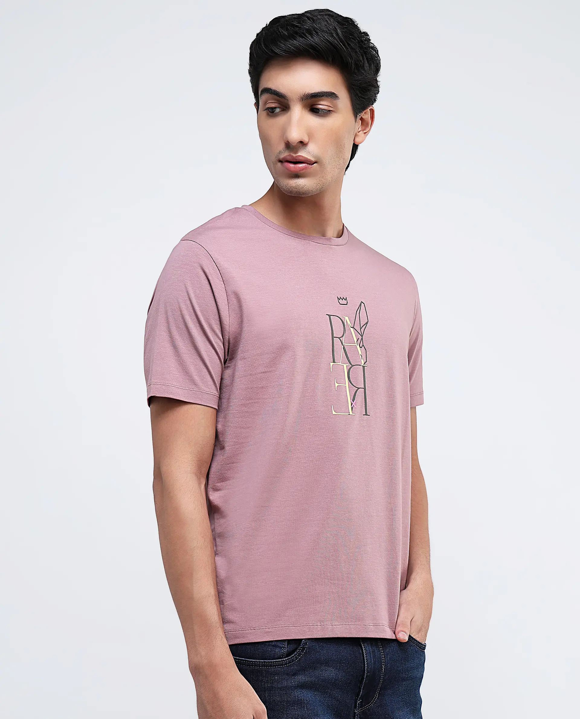 Rare Rabbit Men's Keat Pink Cotton Graphic Print Regular Fit Half Sleeve Crew Neck T-Shirt - Image 6