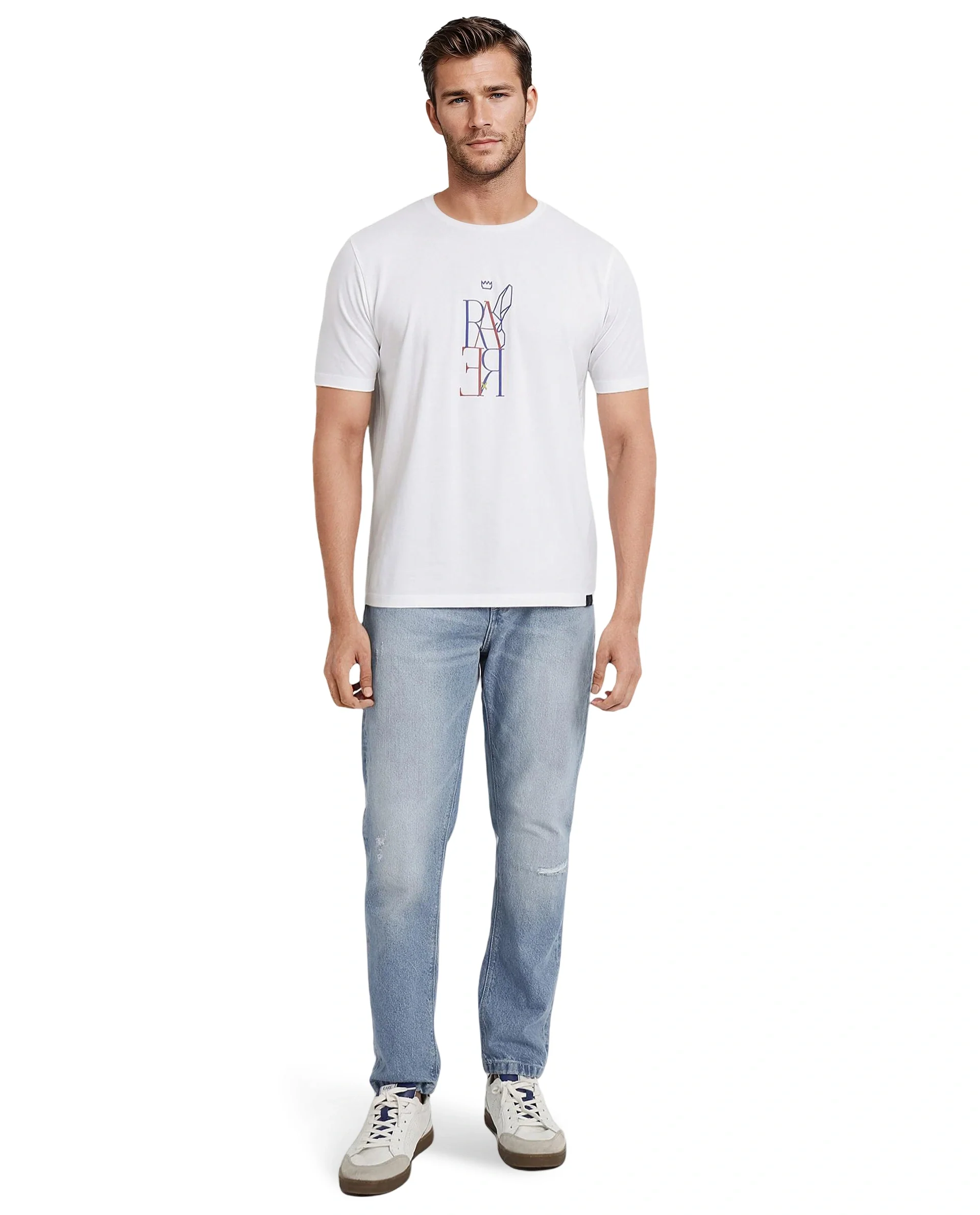 Rare Rabbit Men's Keat White Cotton Graphic Print Regular Fit Half Sleeve Crew Neck T-Shirt - Image 2