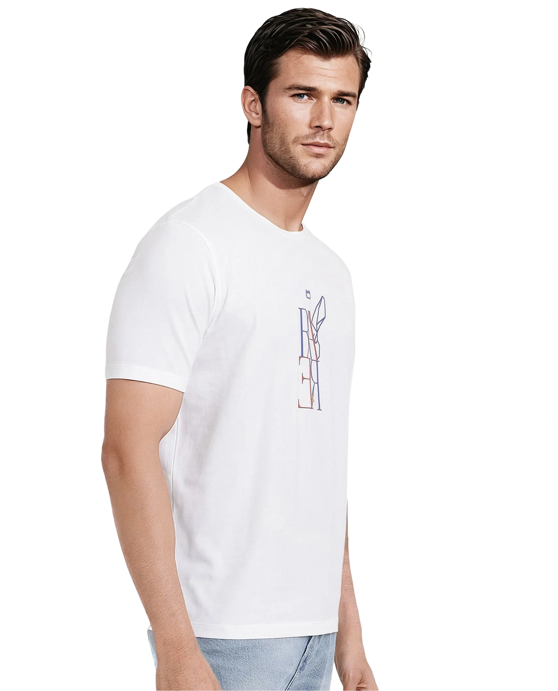 Rare Rabbit Men's Keat White Cotton Graphic Print Regular Fit Half Sleeve Crew Neck T-Shirt - Image 5