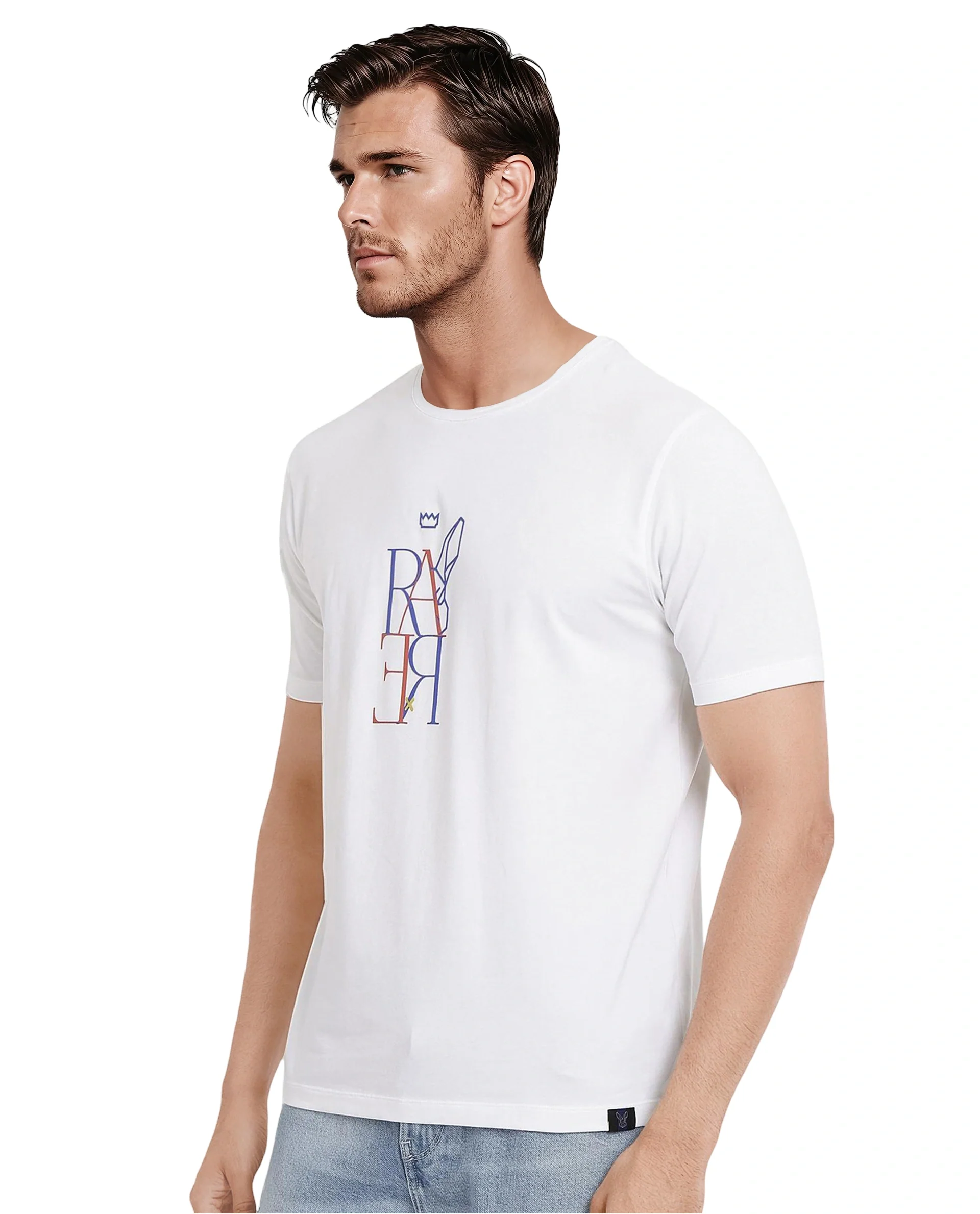 Rare Rabbit Men's Keat White Cotton Graphic Print Regular Fit Half Sleeve Crew Neck T-Shirt - Image 7