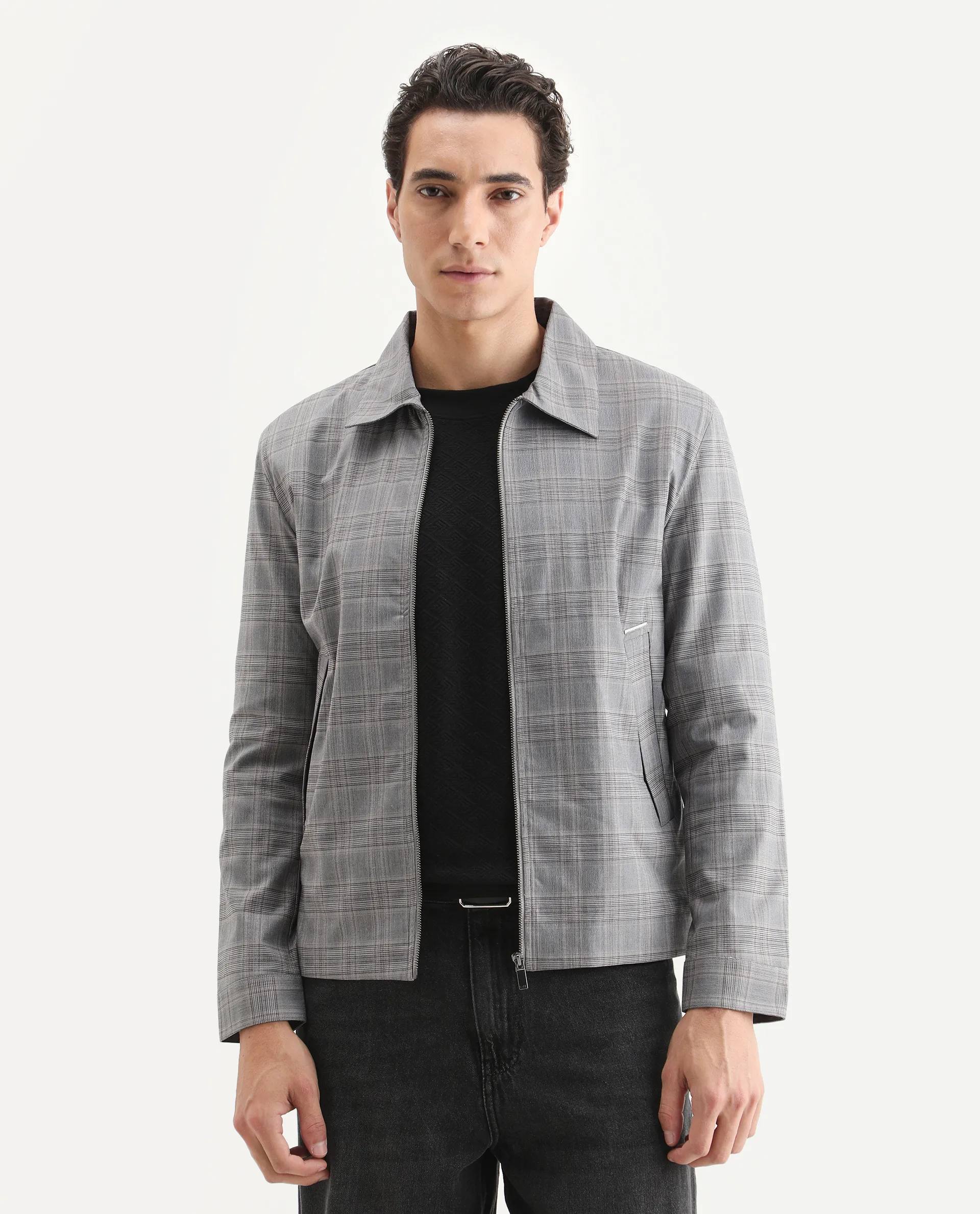 Rare Rabbit Men's Keener Grey Polyester Checked Print Regular Fit Full Sleeve Spread Collar Jacket - Image 3