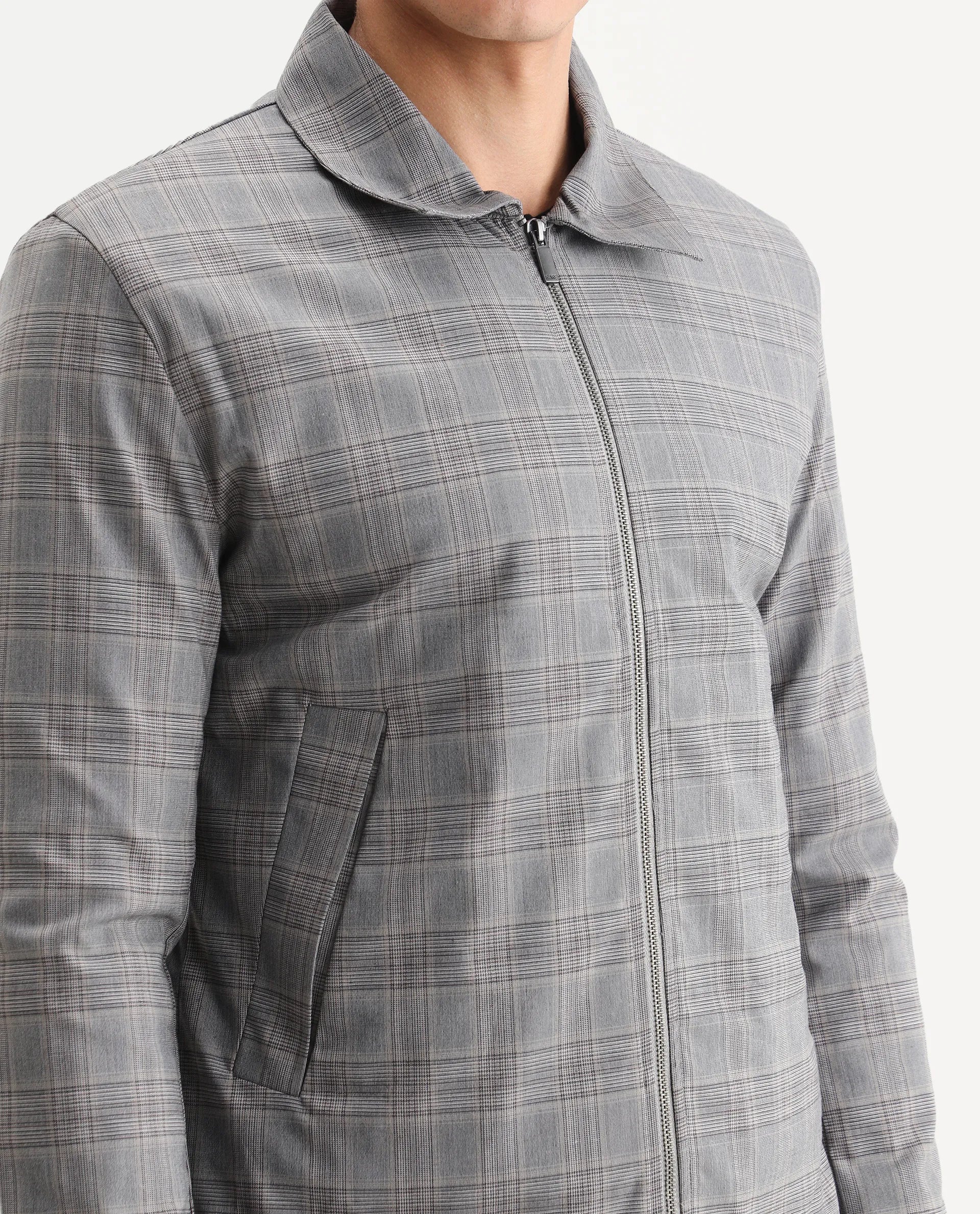 Rare Rabbit Men's Keener Grey Polyester Checked Print Regular Fit Full Sleeve Spread Collar Jacket - Image 4