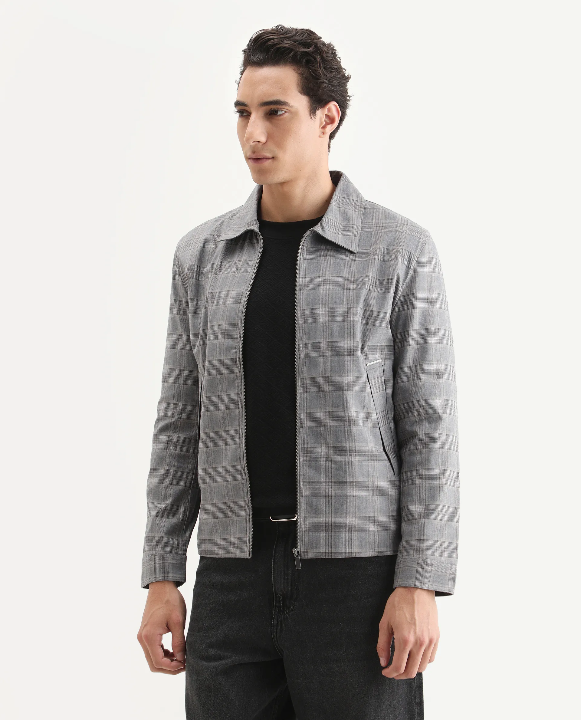 Rare Rabbit Men's Keener Grey Polyester Checked Print Regular Fit Full Sleeve Spread Collar Jacket - Image 5