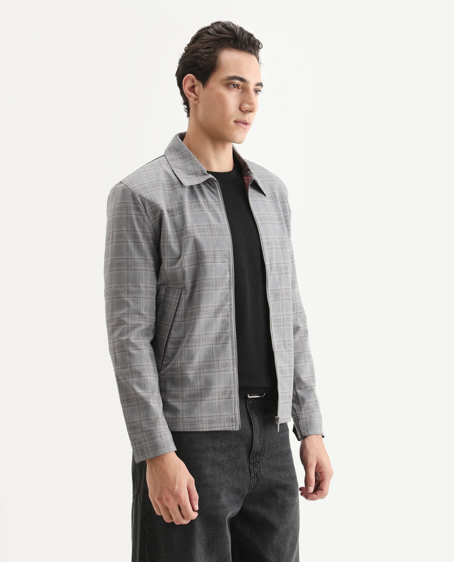 Rare Rabbit Men's Keener Grey Polyester Checked Print Regular Fit Full Sleeve Spread Collar Jacket - Image 6